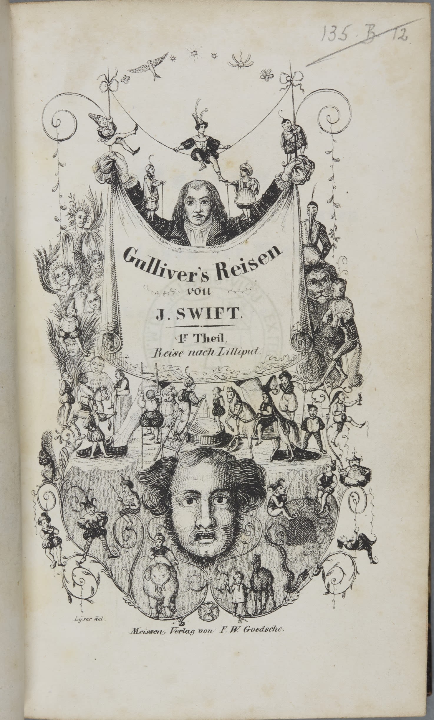 Title page from a German edition of Gulliver's Travels, showing Gulliver and a variety of strange characters and animals he meets on his voyages