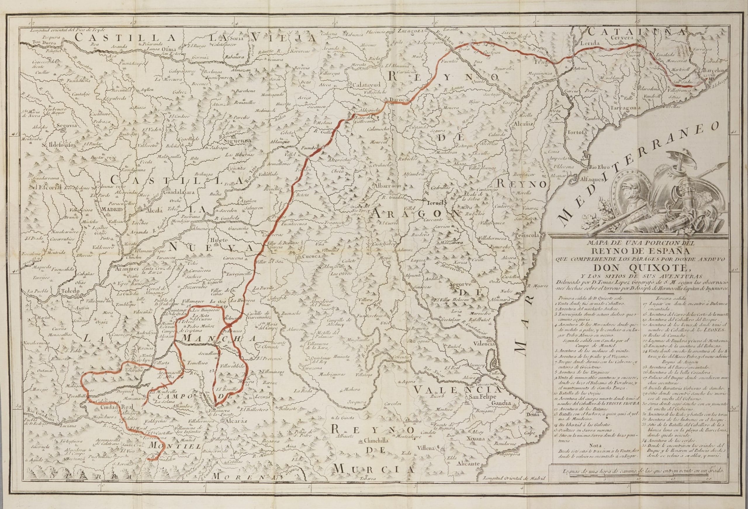 Illustrated map of the travels of Don Quixote