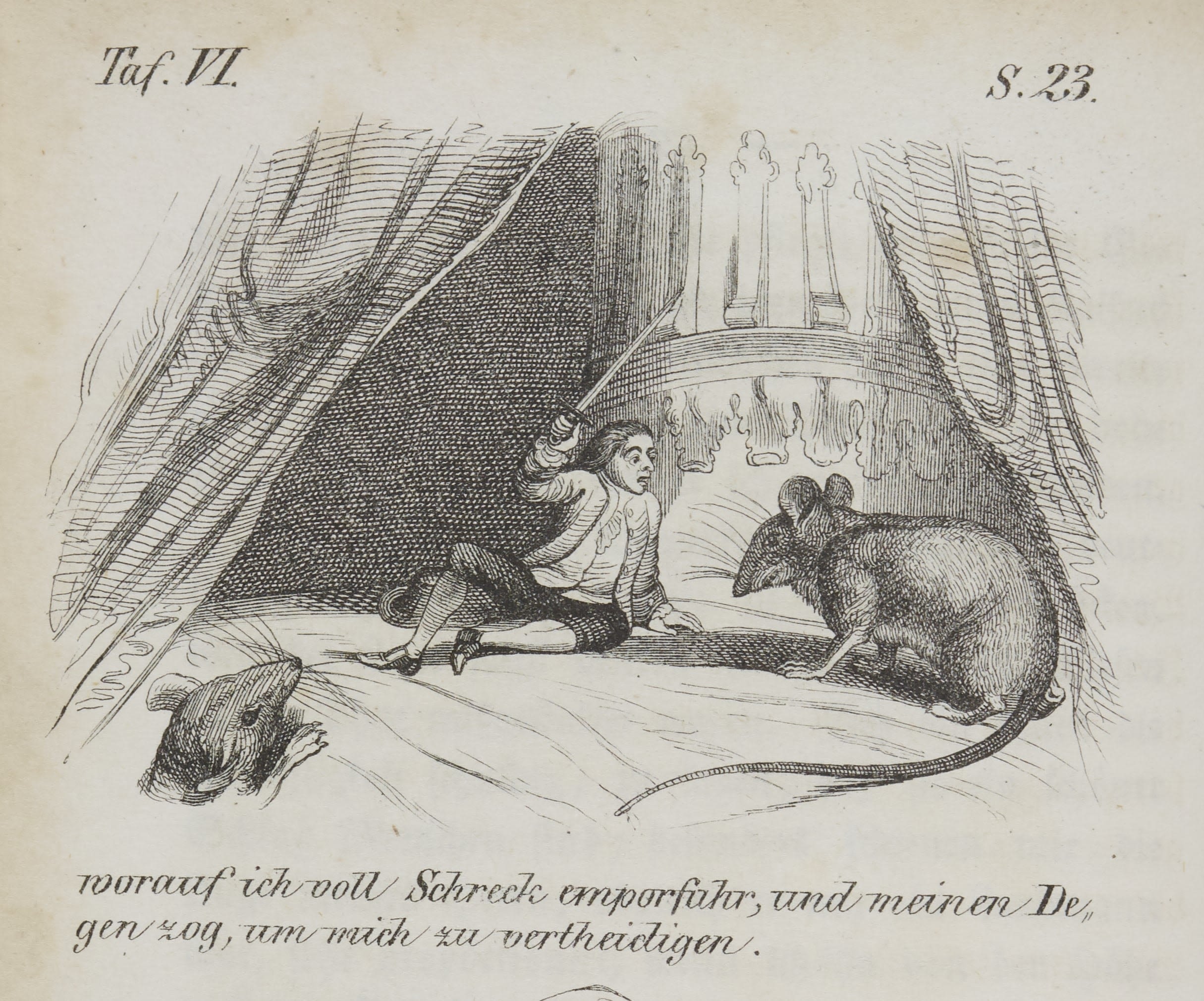 Illustration of Gulliver preparing to defend himself with a sword from a giant mouse