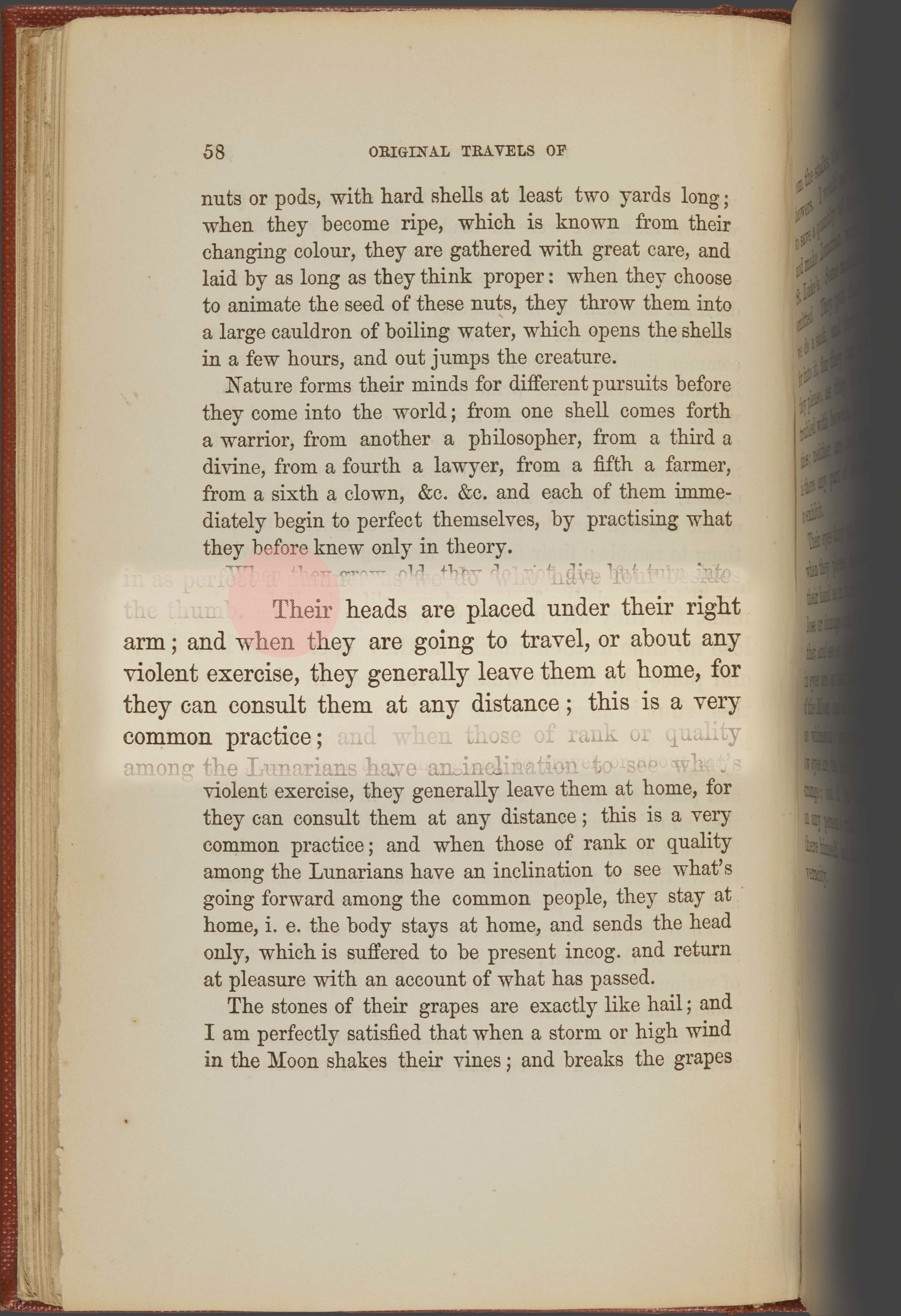 Page from The Adventures of Baron Von Munchausen, with a highlighted quote describing moon people who hold their heads under their arms