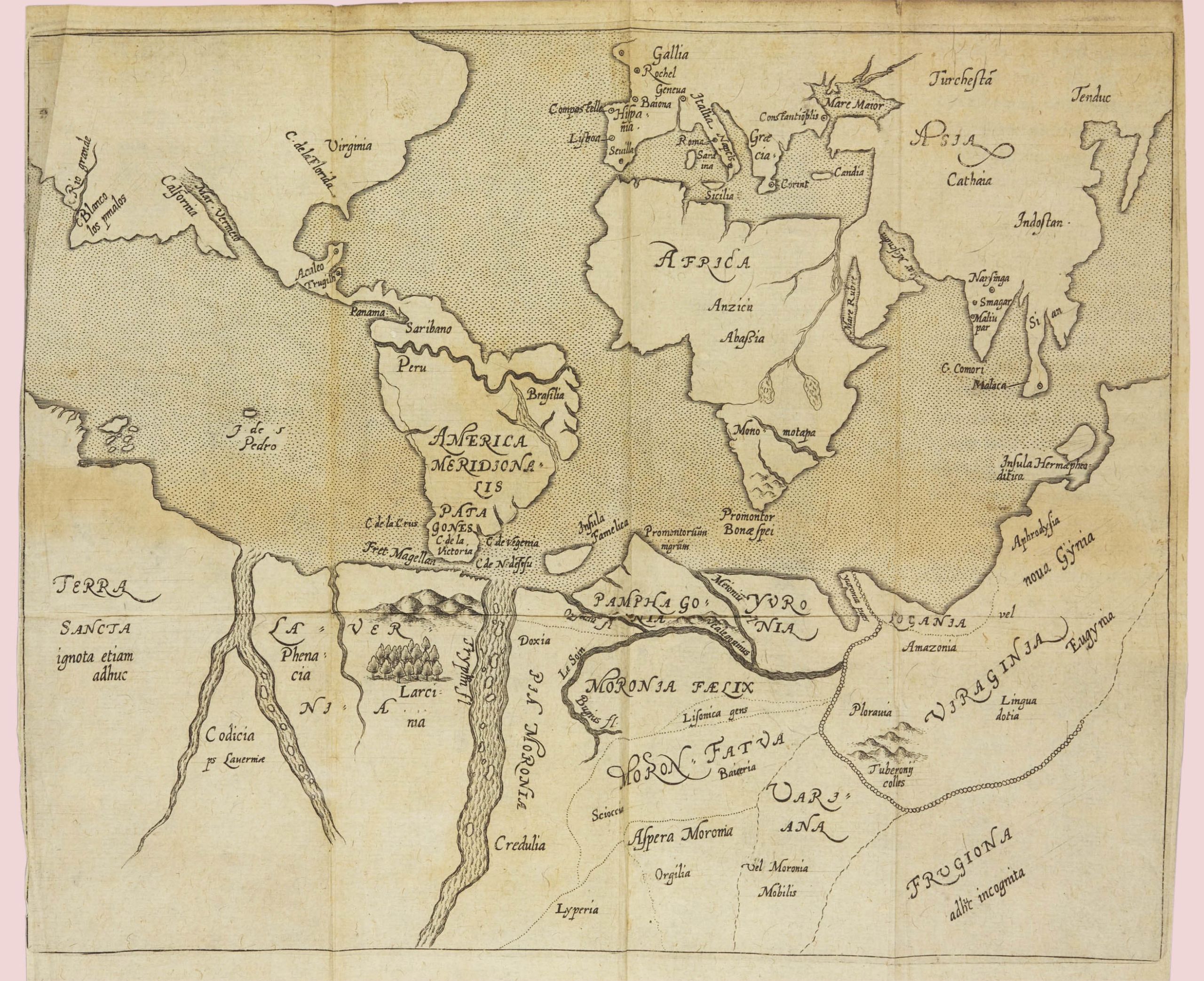 Map of the world as described in Mundus alter et idem - this is a conventional map of the world to the north, with fictional islands and places in the southern hemisphere