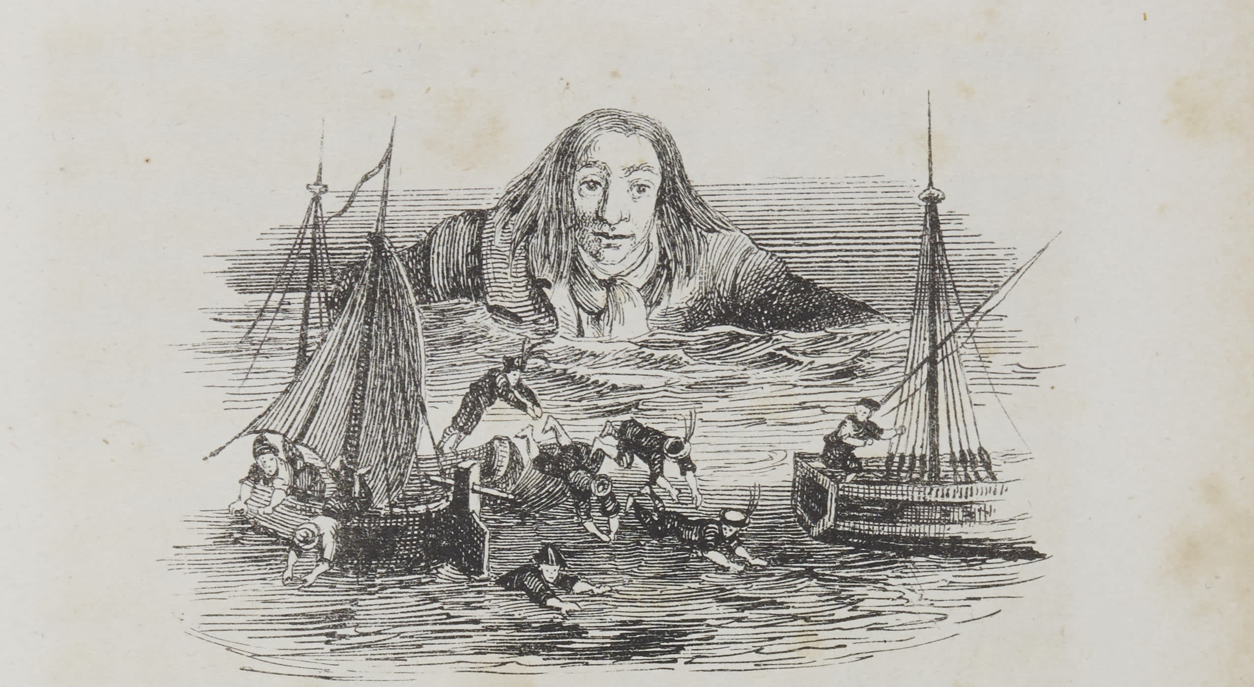 Illustration from Gulliver's Travels, with Gulliver looming over small people in tiny boats at sea