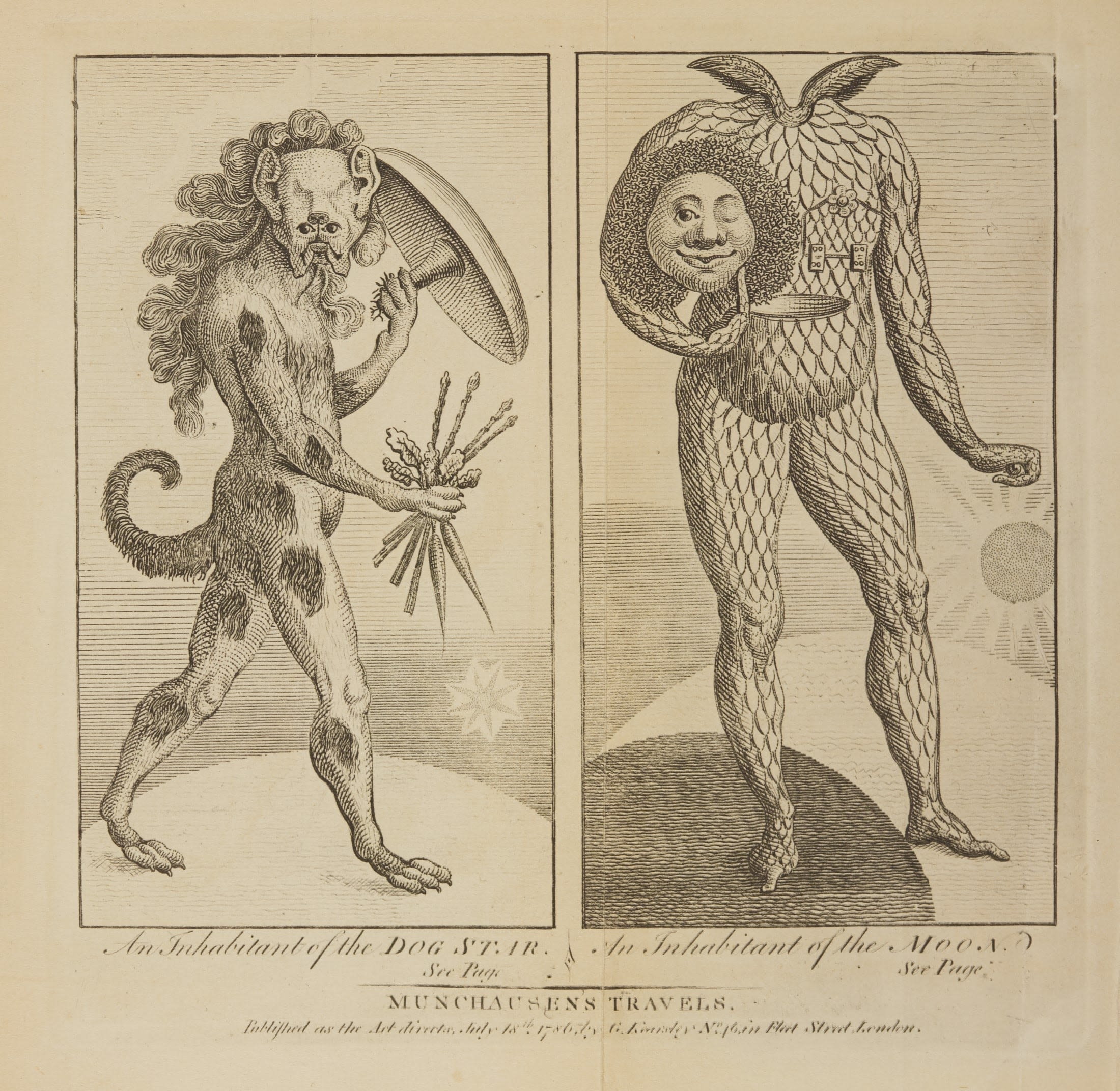 Illustrations of moon people from The surprising travels and adventures of Baron Munchausen, showing dog star inhabitants with tails and shields and moon people holding their smiling heads in one arm 