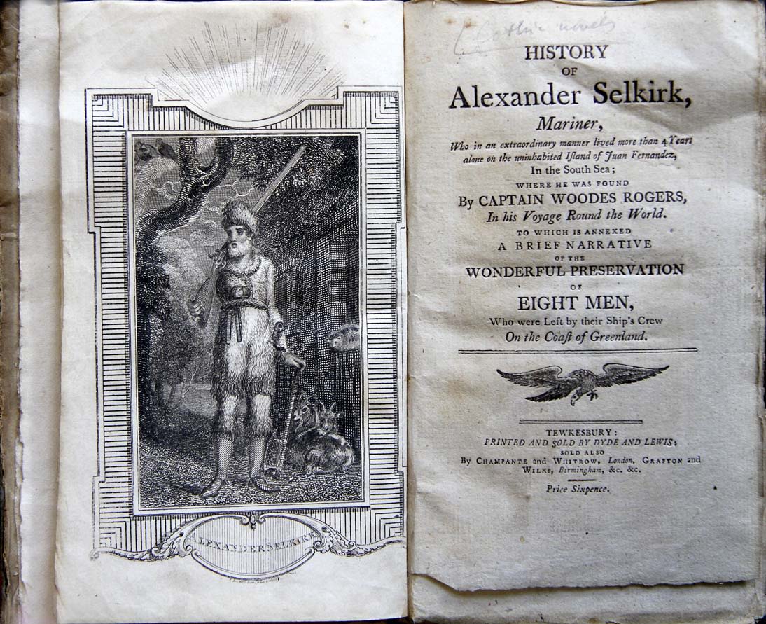 Title page of The History of Alexander Selkirk, with an illustration of a bearded and dishevelled Selkirk on his island