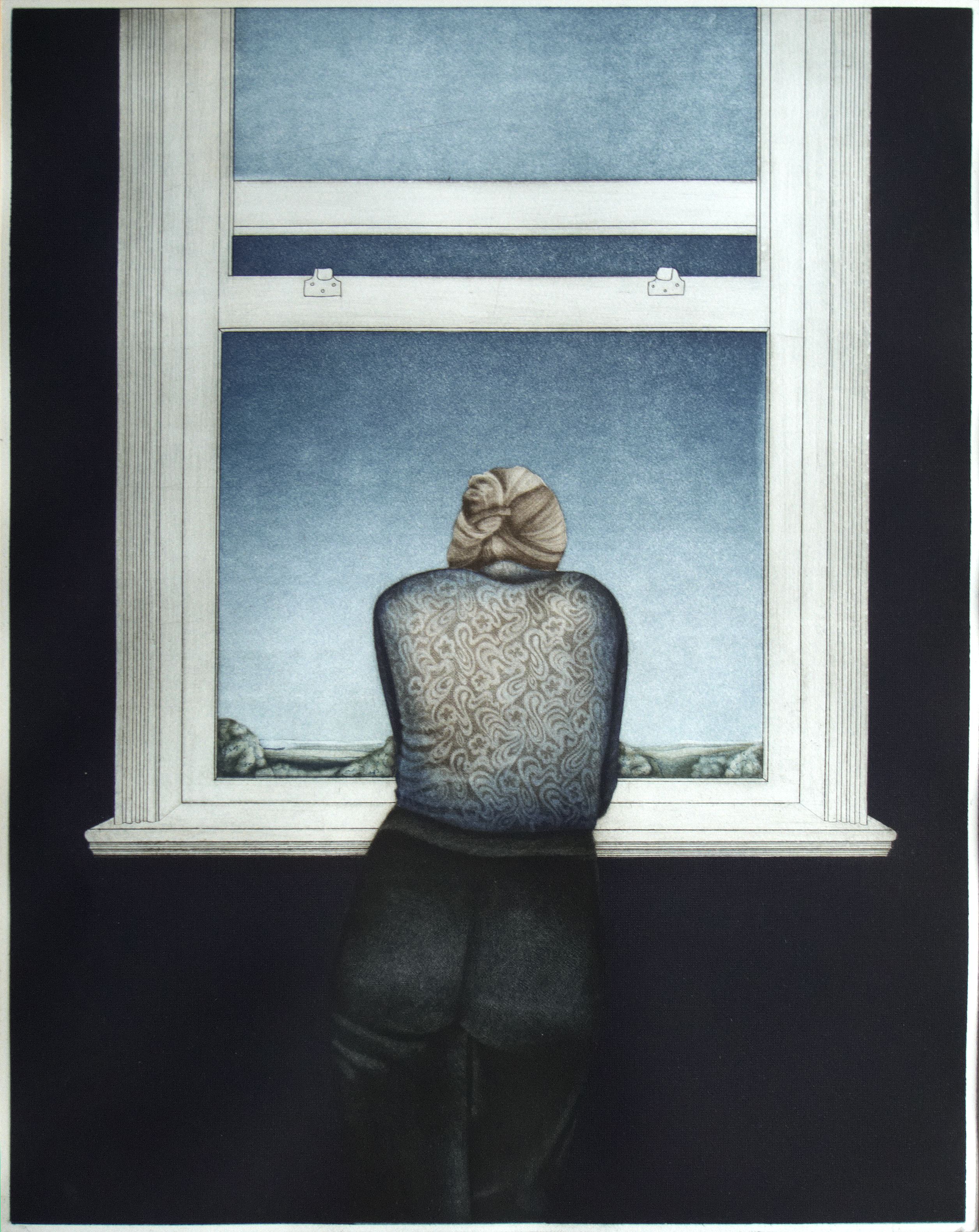 Artist unknown, Girl at the Window (date unknown). Aquatint on paper.