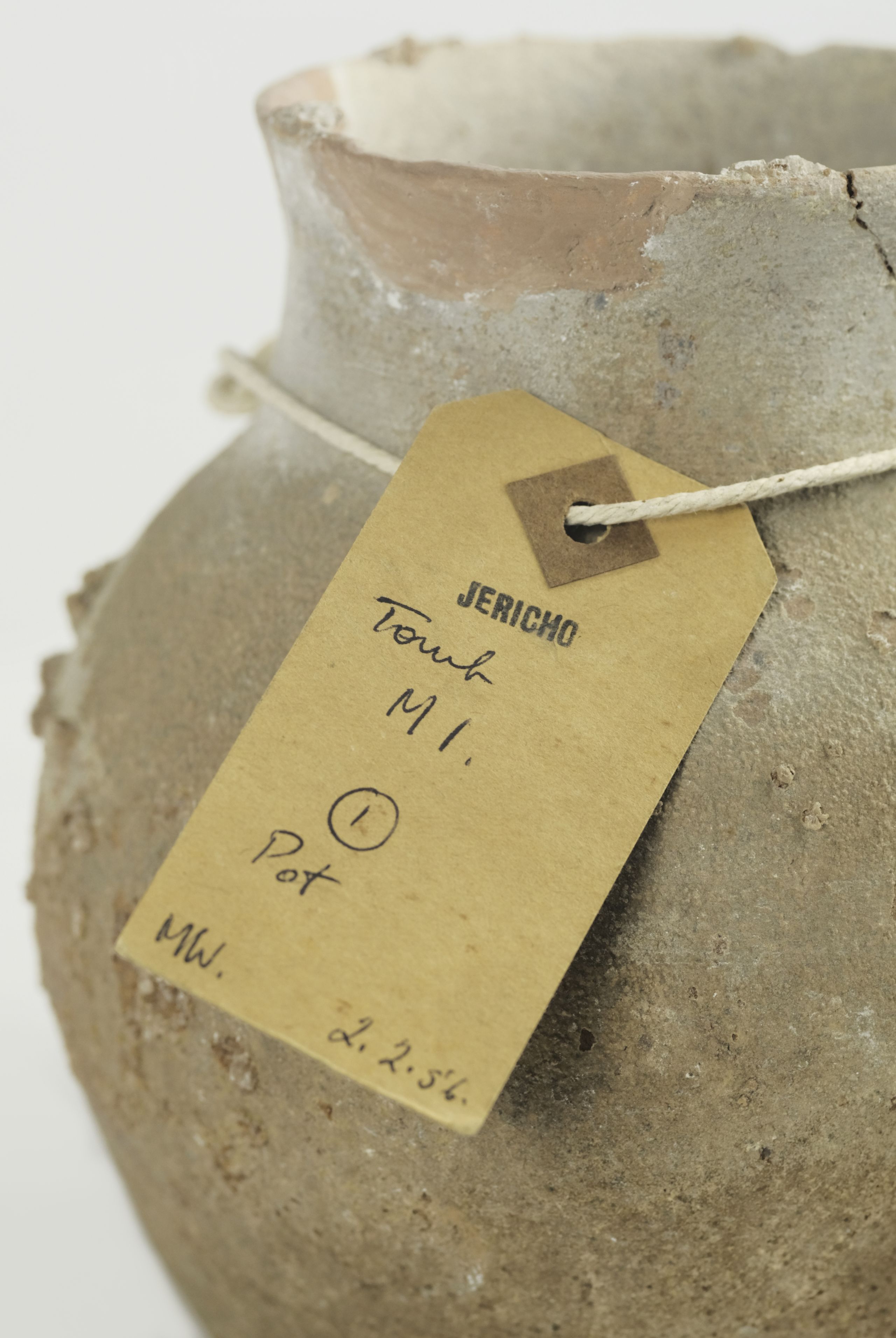 Brown tag tied to a pot stamped with “Jericho” and handwritten description