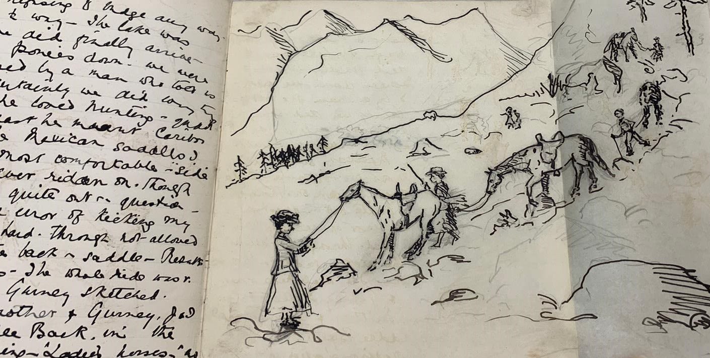 Illustrated diary page showing a woman leading a trail of horses and travellers down a hill