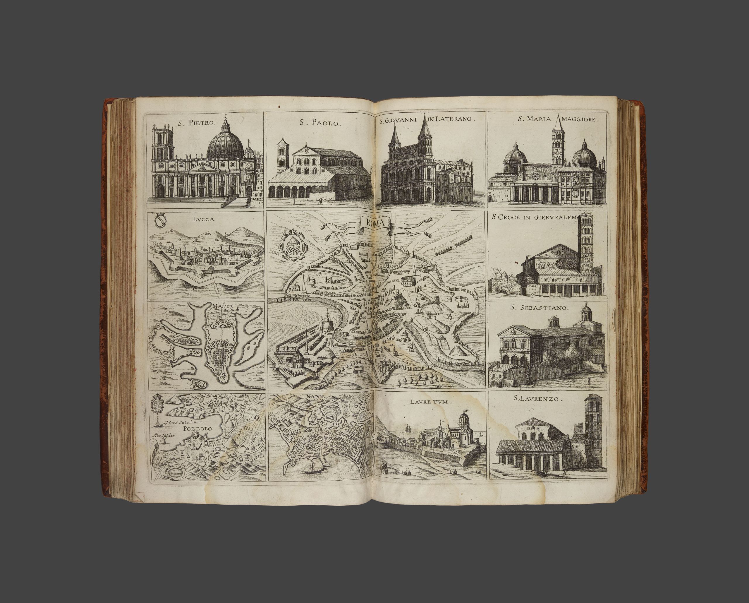 Illustrated map of Rome, surrounded by illustrations of churches of maps of other Italian cities