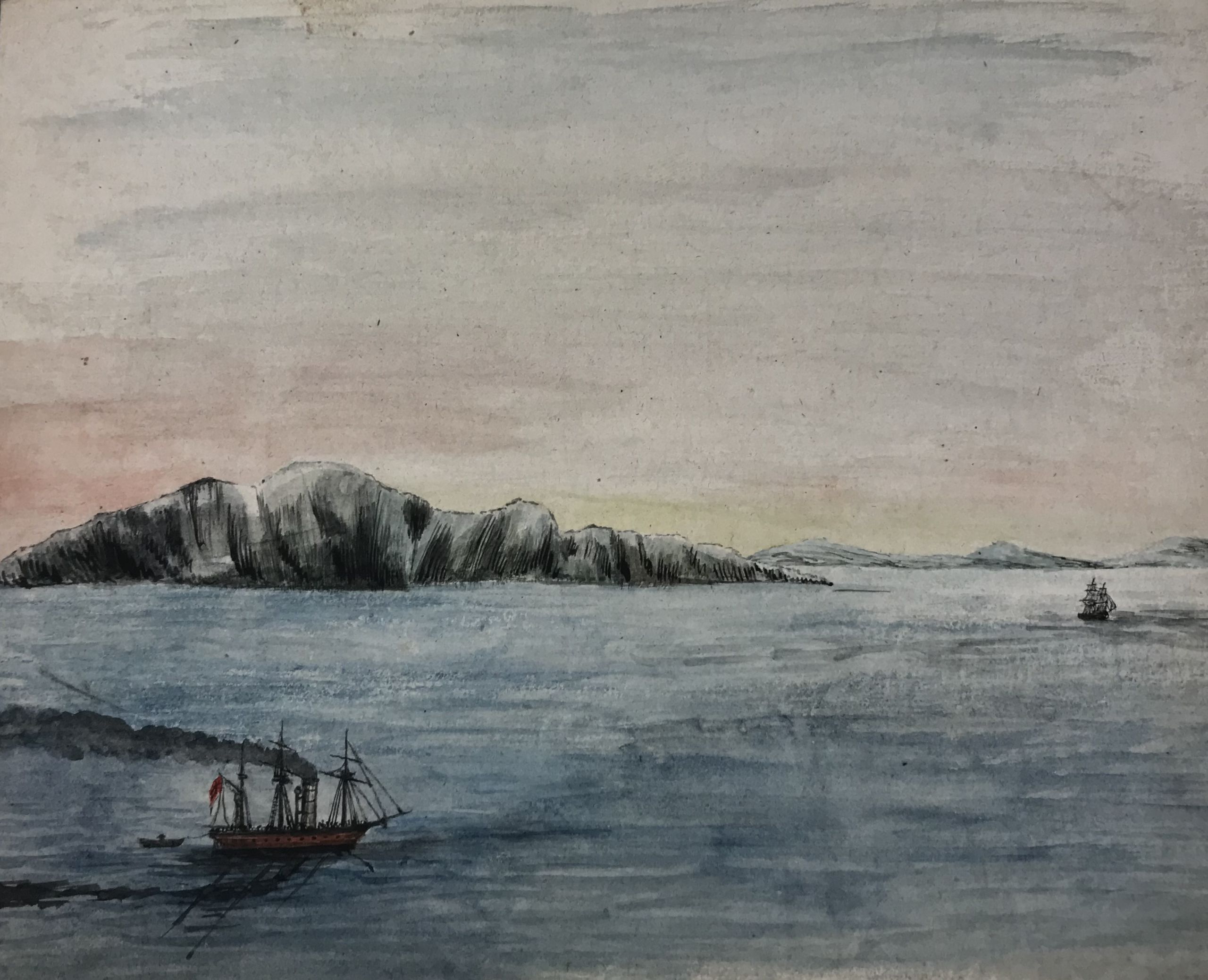 Illustration showing ships sailing on a calm sea with a small rocky island in the background. Taken from a diary in the Palace Green Library Special Collections.