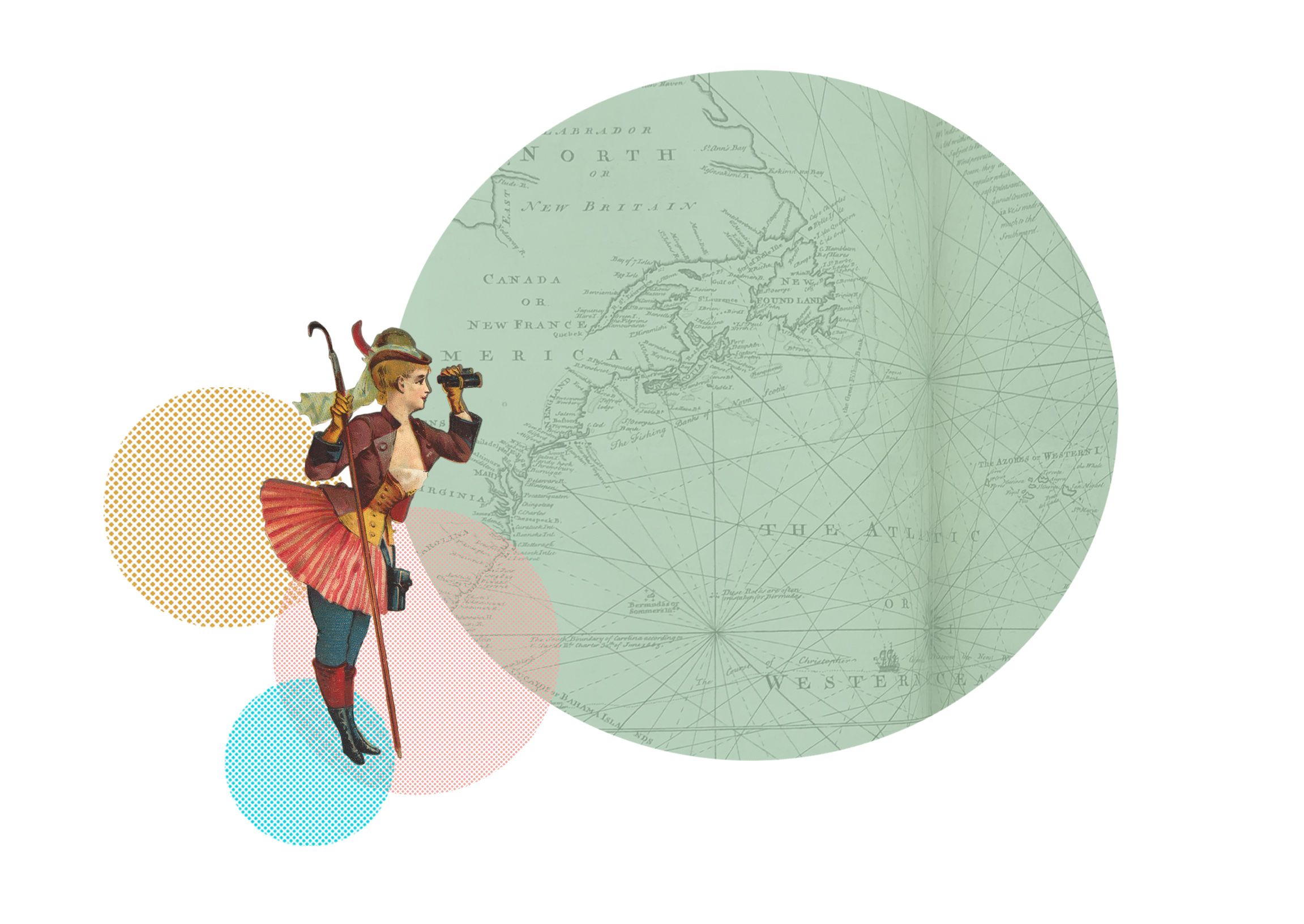 A 19th century female tourist looks through binoculars at a map of the world