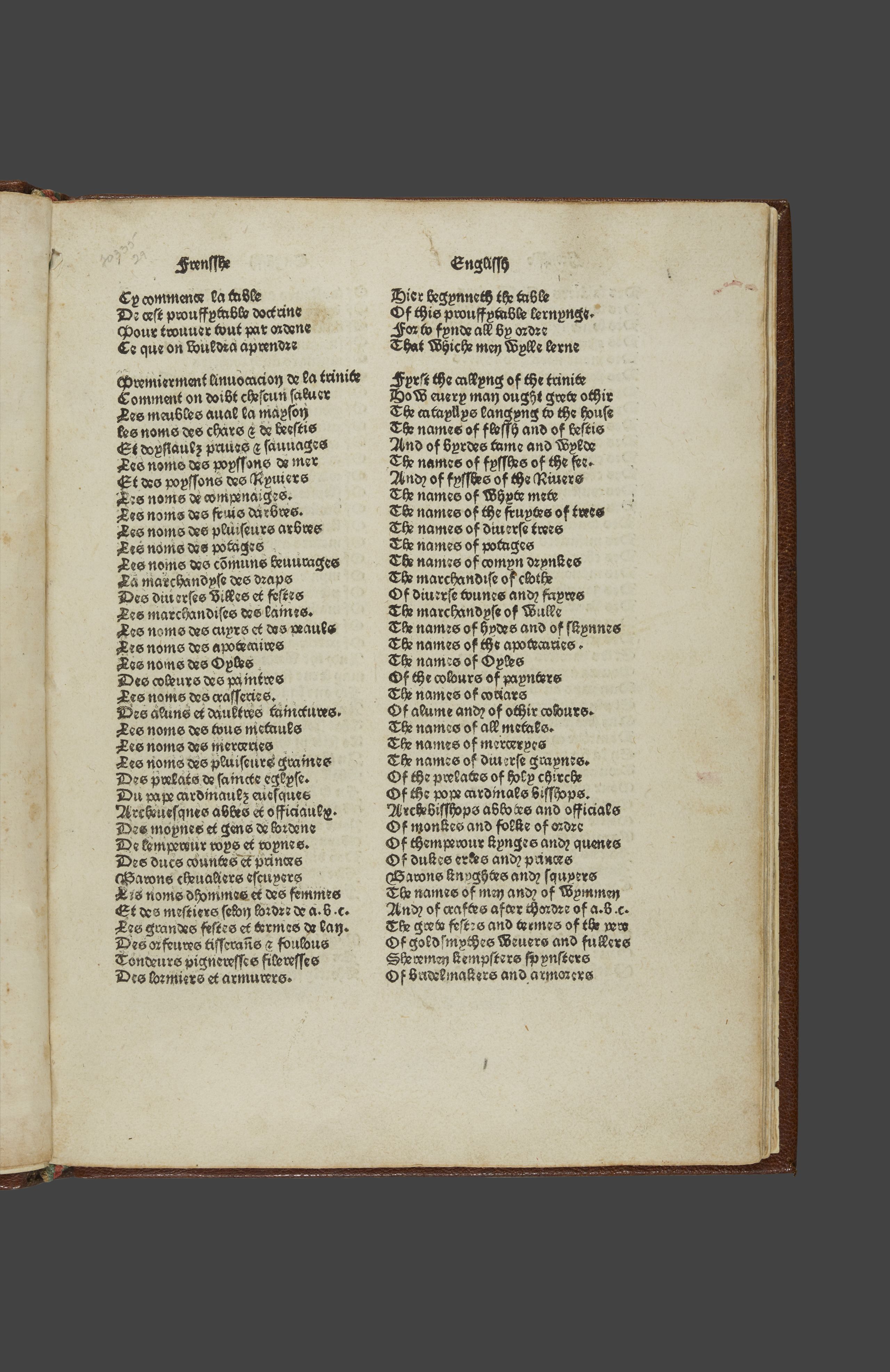 List of French phrases with English translations from 15th century book.