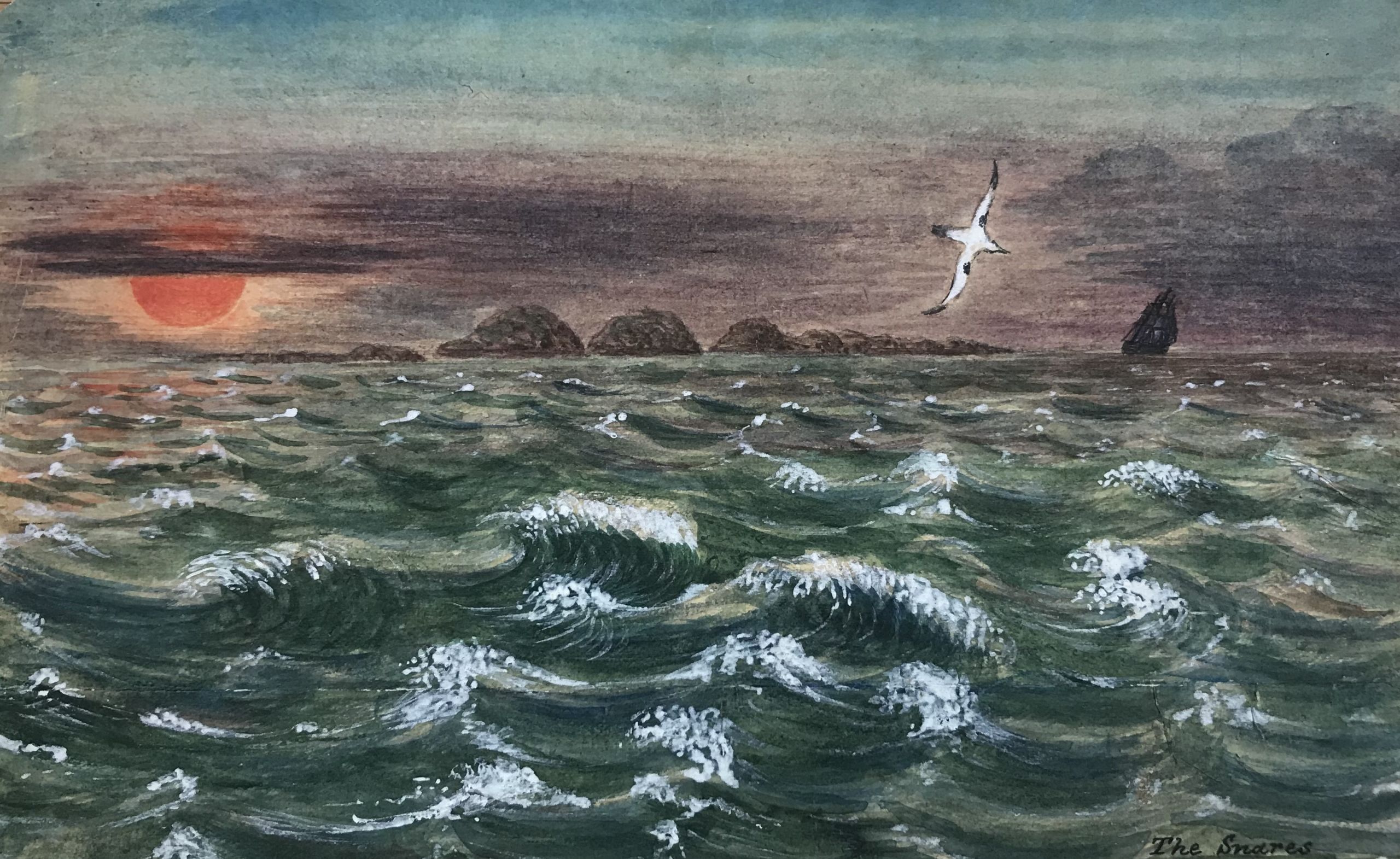Painting showing the sun setting over a choppy sea as a seagull flies past