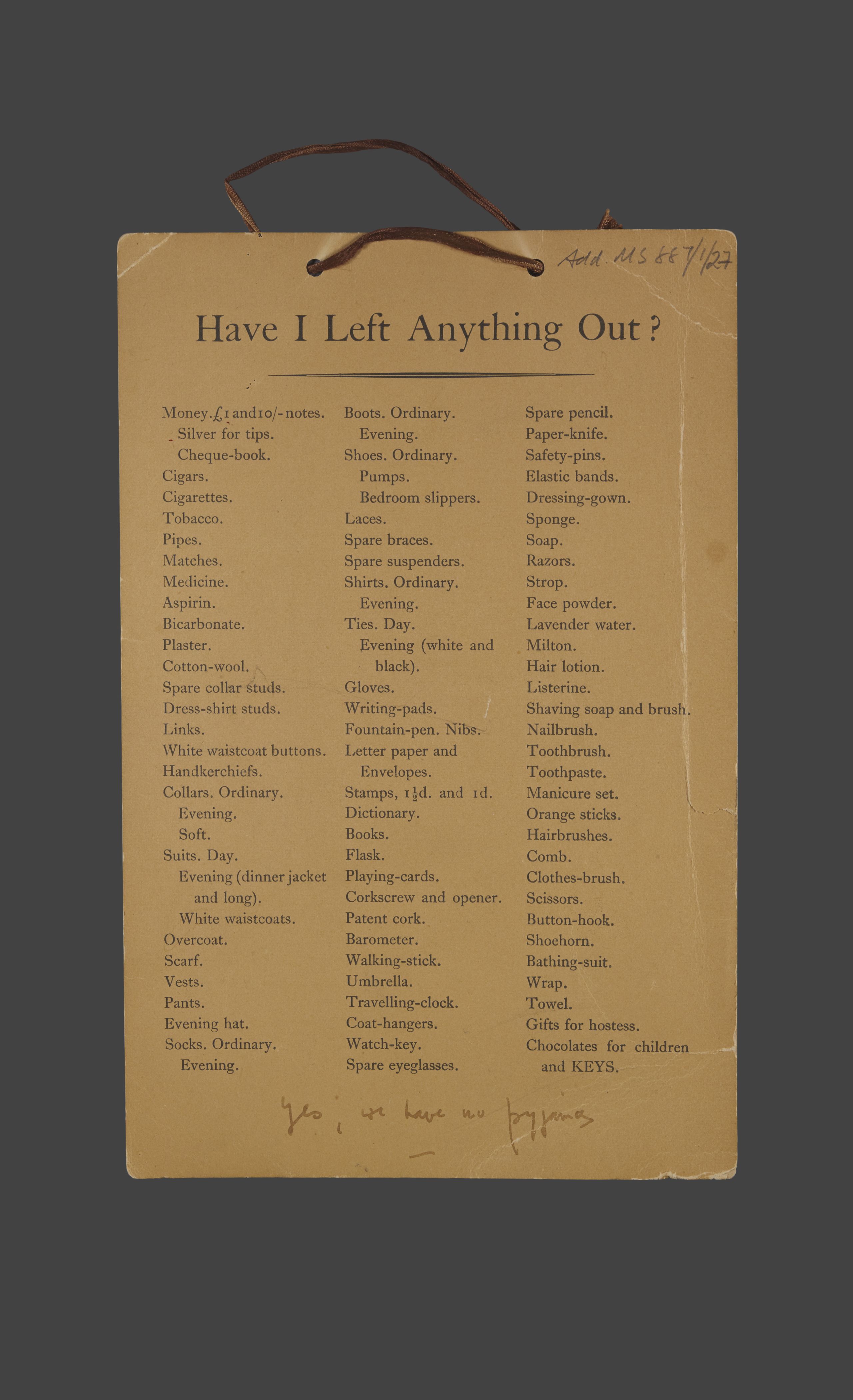 Packing List titled 'Have I left Anything Out'. List of 102 items to pack before travelling, including various items of clothing, household items, bathing supplies and books