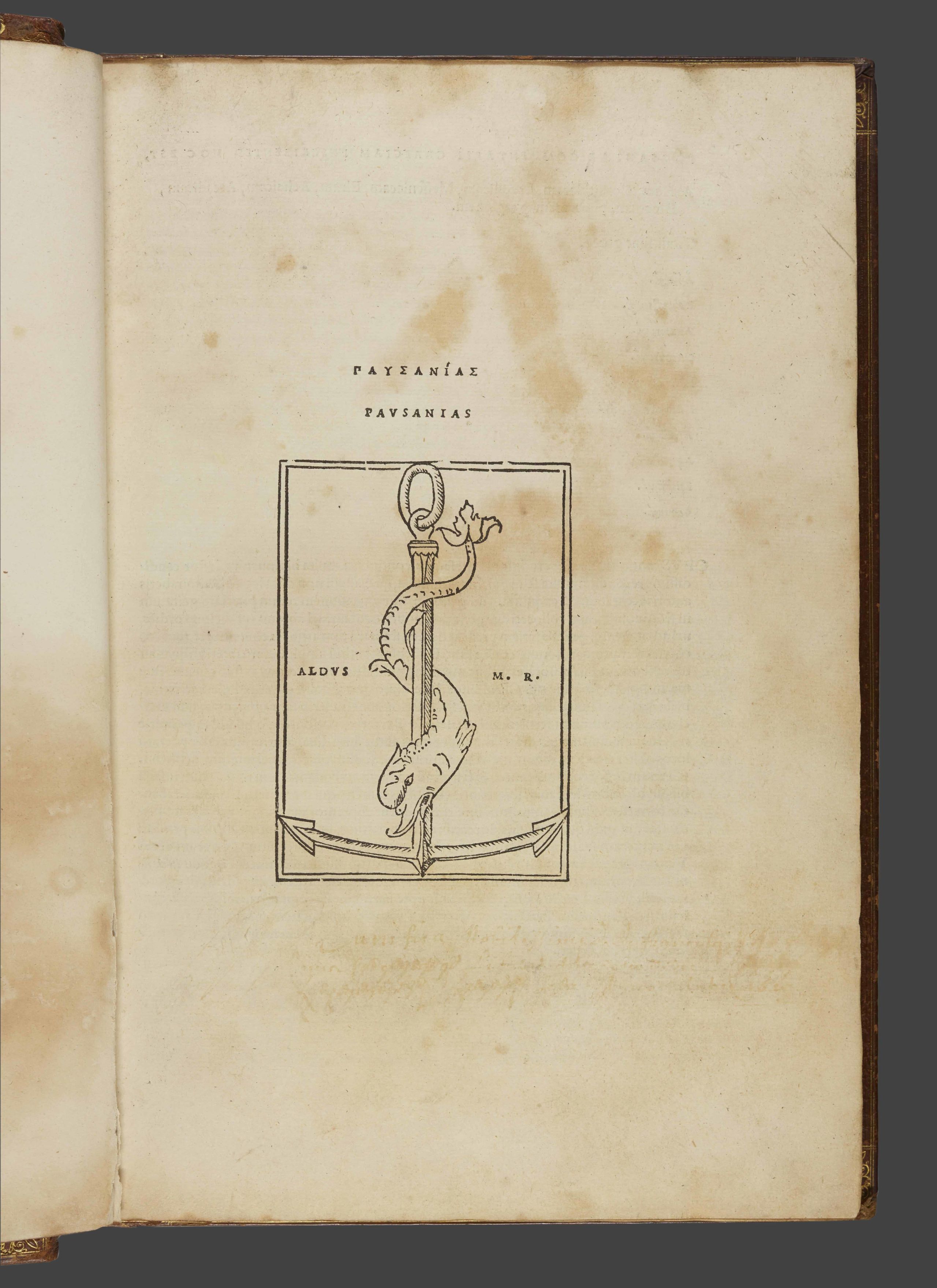 The publishers logo from Pausanias' Description of Greece. The book was published by the Aldine Press in Venice and features the distinctive symbol of a dolphin and an anchor