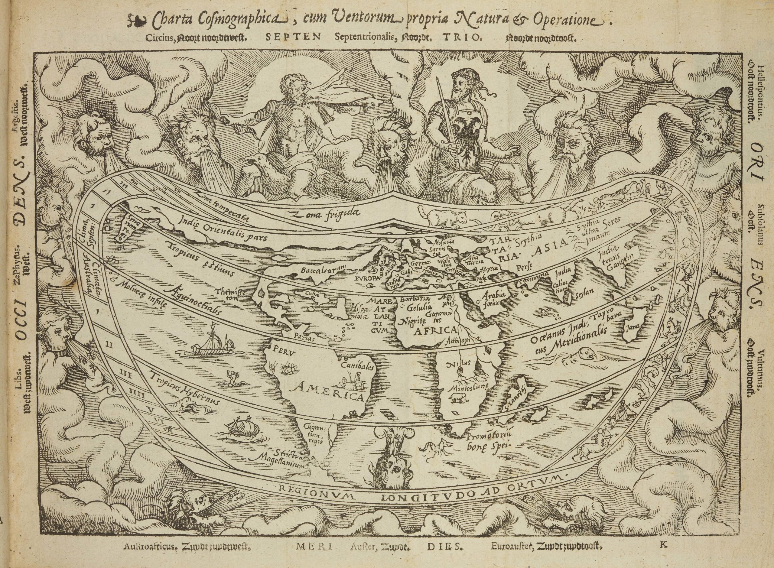 A large scale world map showing a rough understanding of the main landmasses of earth. Outside the map are illustrations of various figures representing Gods and the Earthly elements
