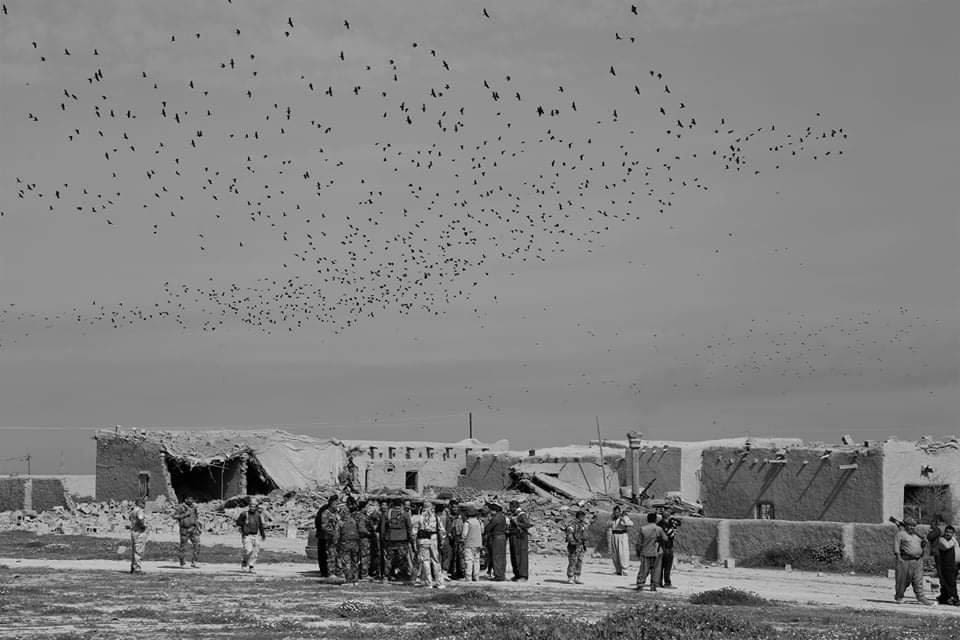 This black and white photograph taken by Shaho Omar is titled Fly Away. The foreground of the image shows some people stood in a group with a background of military vehicles and temporary shelters. The sky has no visible clouds but is filled with a large flock of birds which are specks in the zoomed out image.