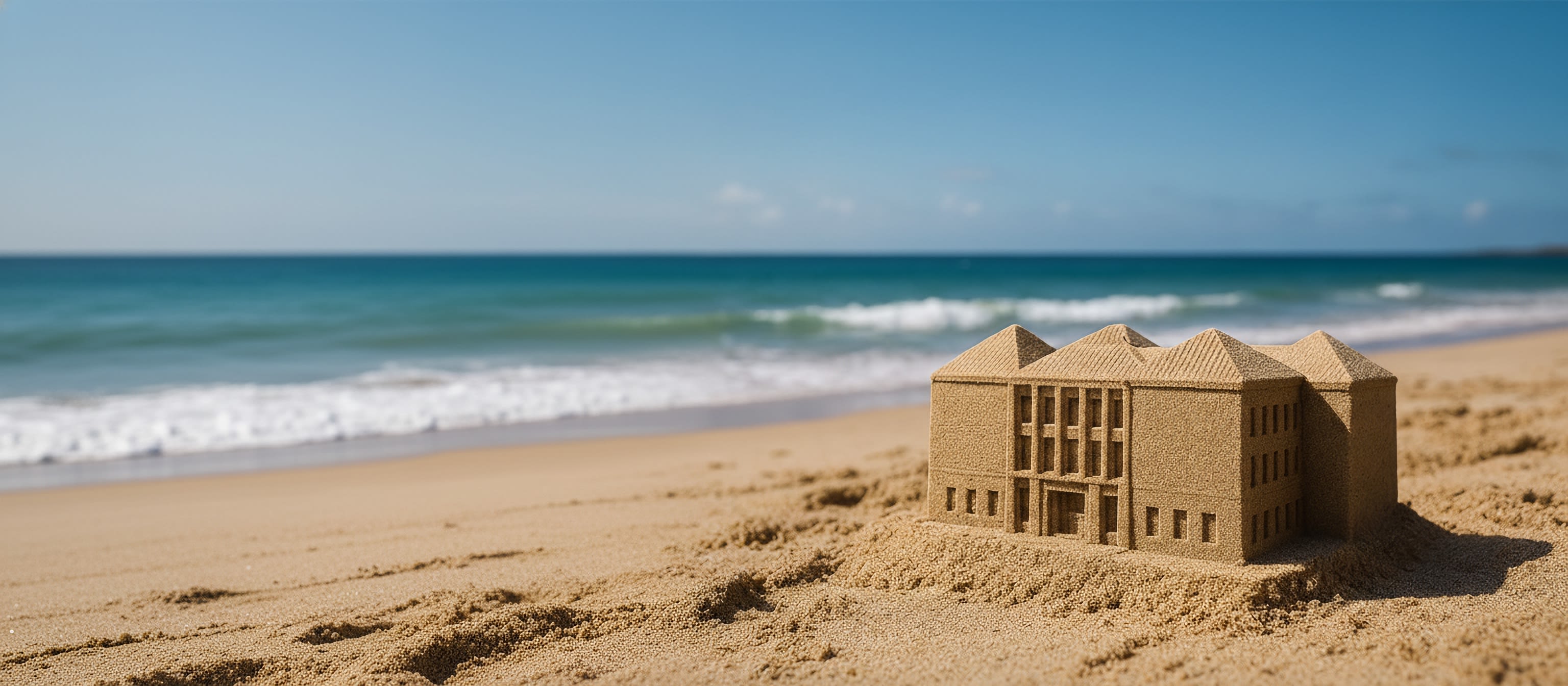 A sunny beach scene, showing the Teaching & Learning Centre as a sandcastle.