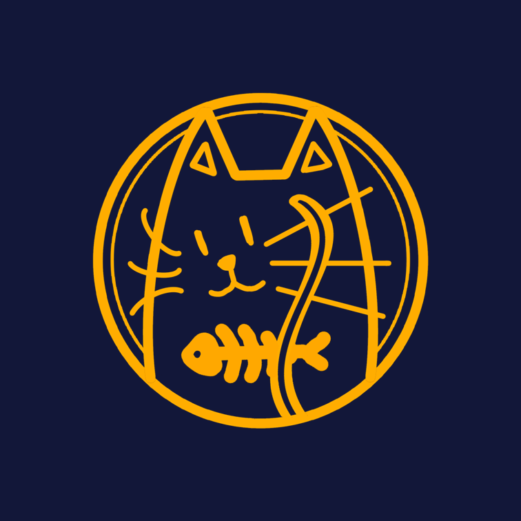 Golden outline icon of a cat and a fish in a circle with a dark blue background