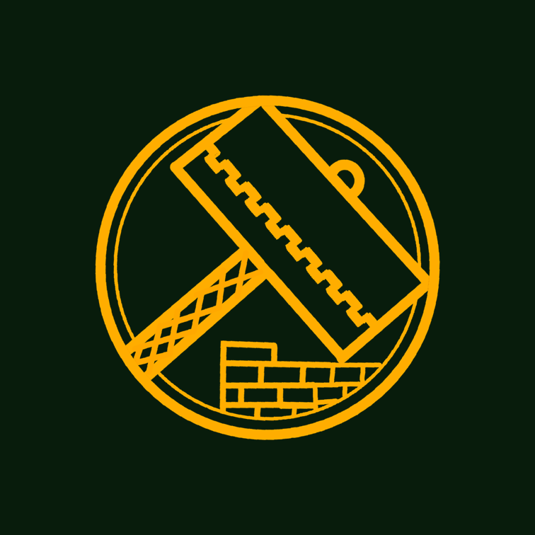 Golden outline icon of a hammer and several bricks in a circle with a deep green background