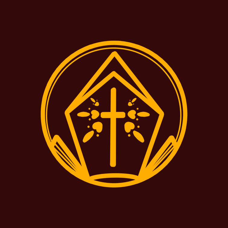 Golden outline icon of a bishop's hat in a circle with a dark rose background