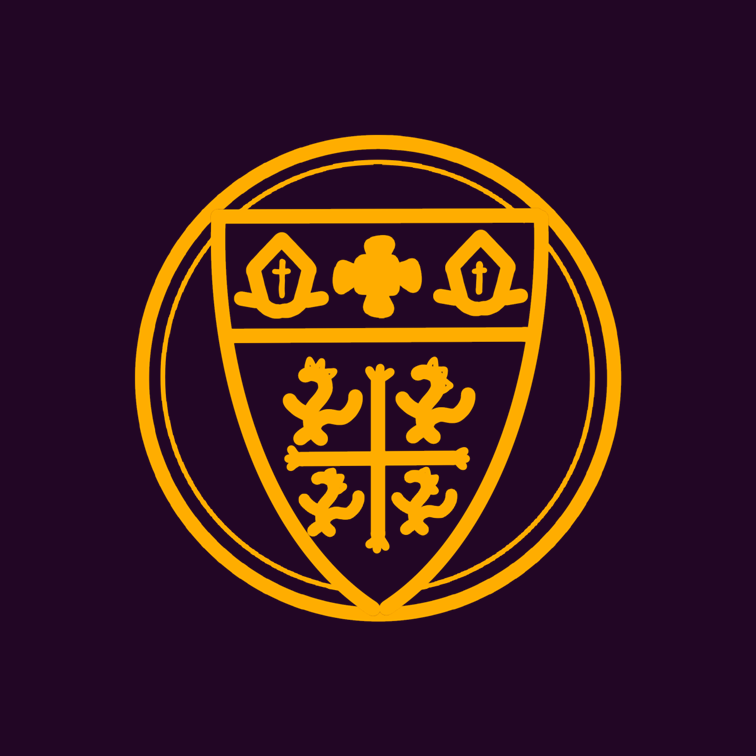 Golden outline icon of a university college's badge in a circle with a durham purple background