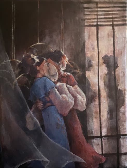 Painting of two women kissing, holding a fan in front of their faces, with a shadowed window behind them, with shadowed figures walking past.