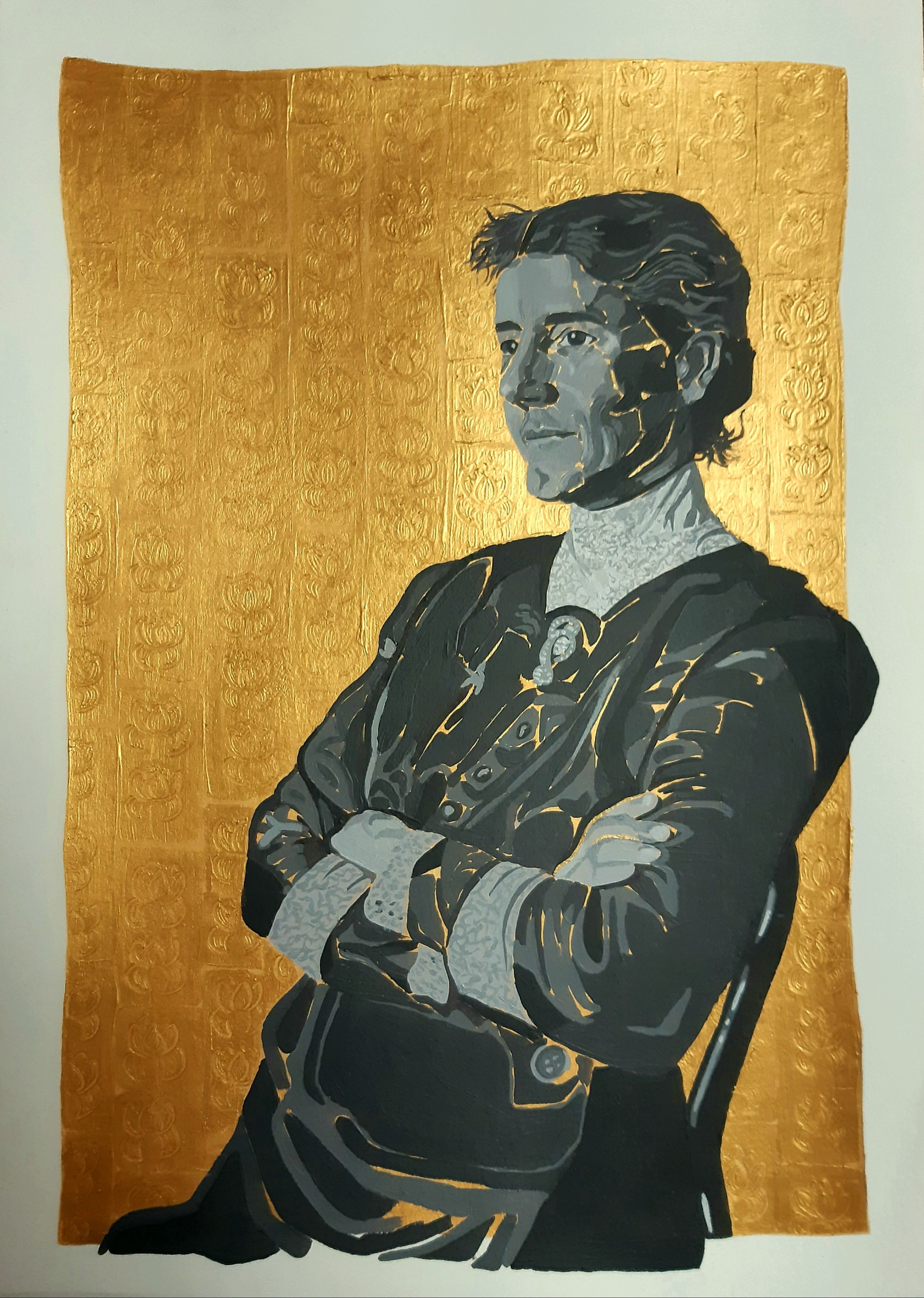 A monochrome portrait of a seated female in front of a gold patterned background.