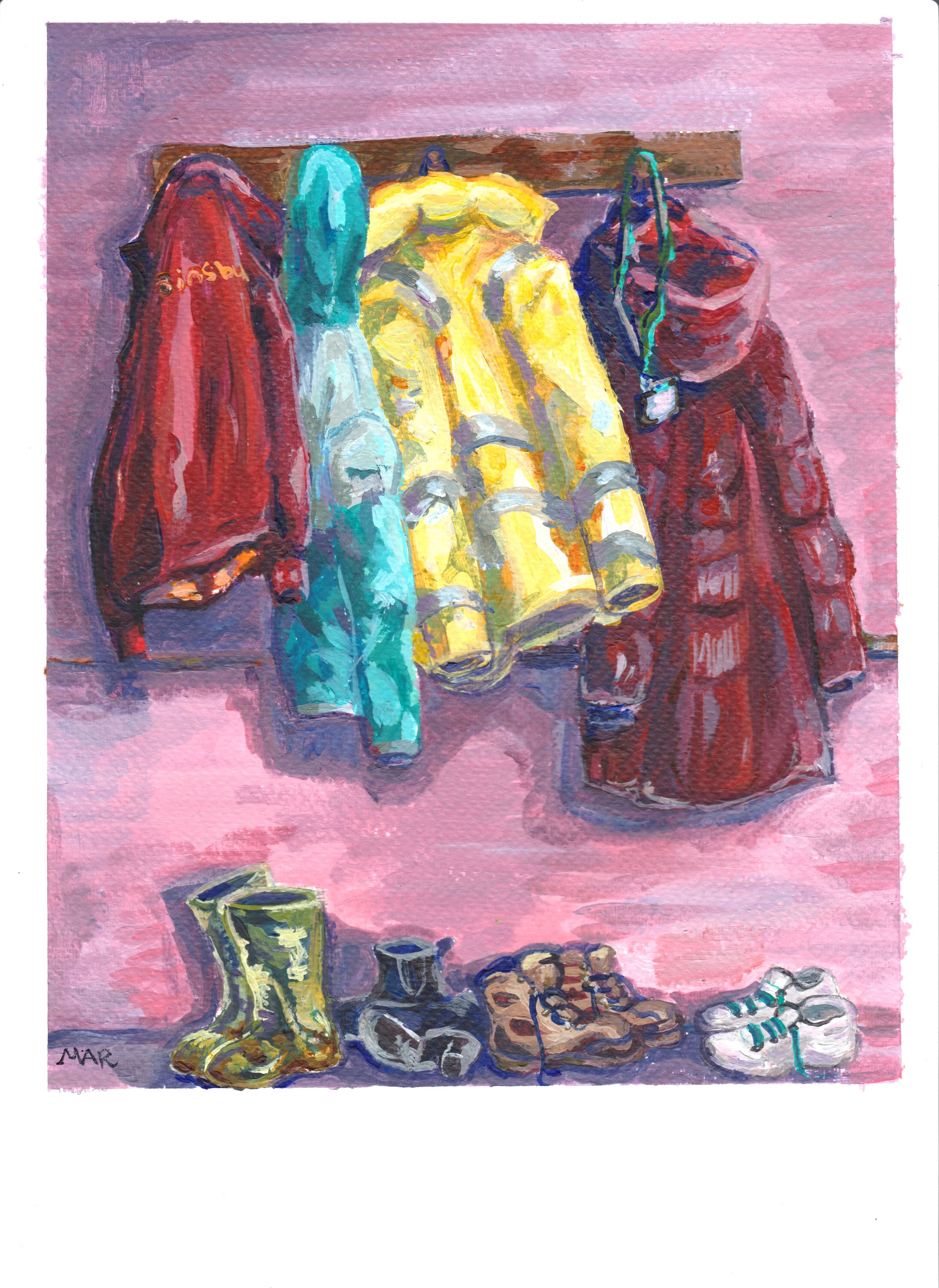 A depiction of four uniforms hanging up in a hallway with an assortment of shoes underneath