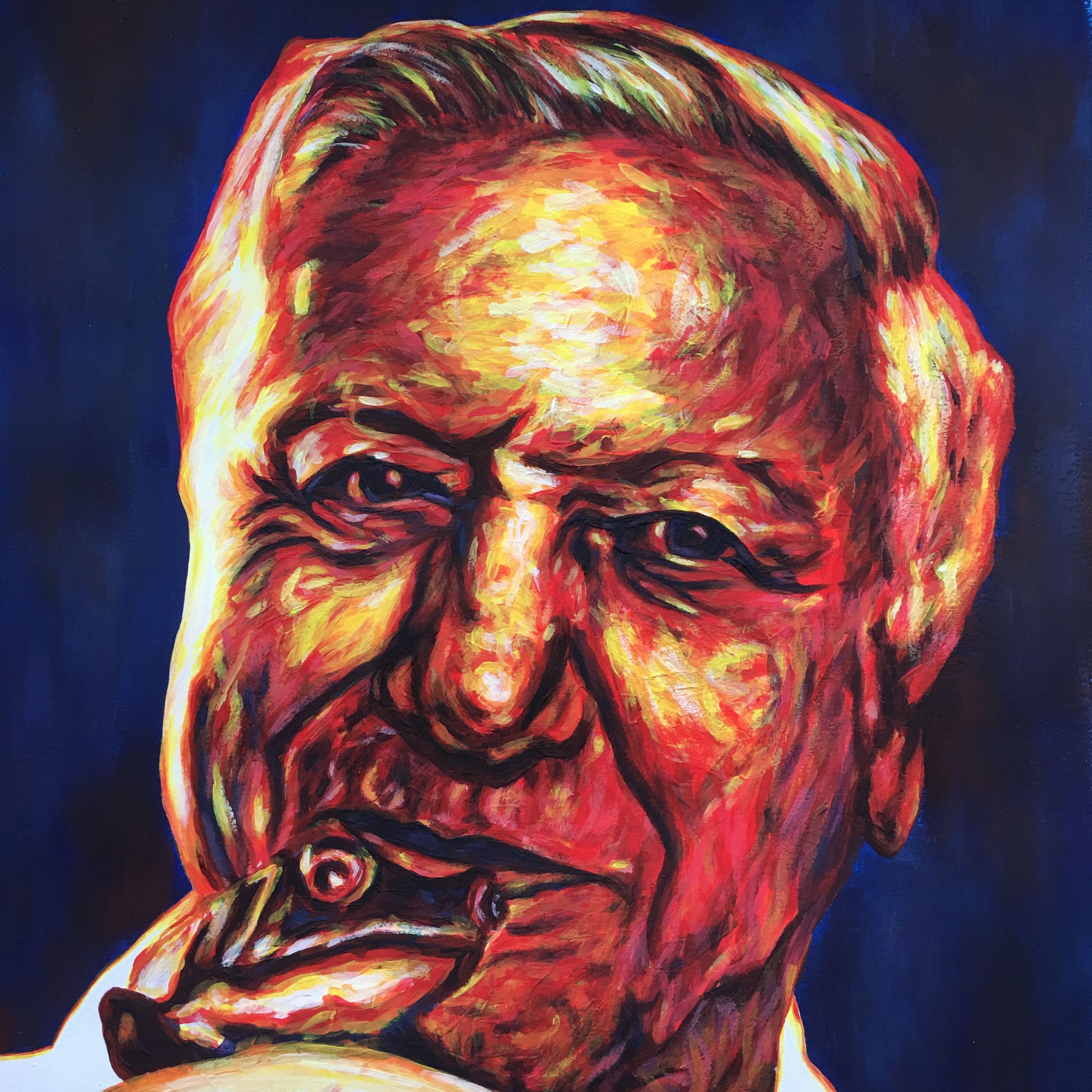 Portrait painting of naturalist David Attenborough holding a frog, in Expressionist style.