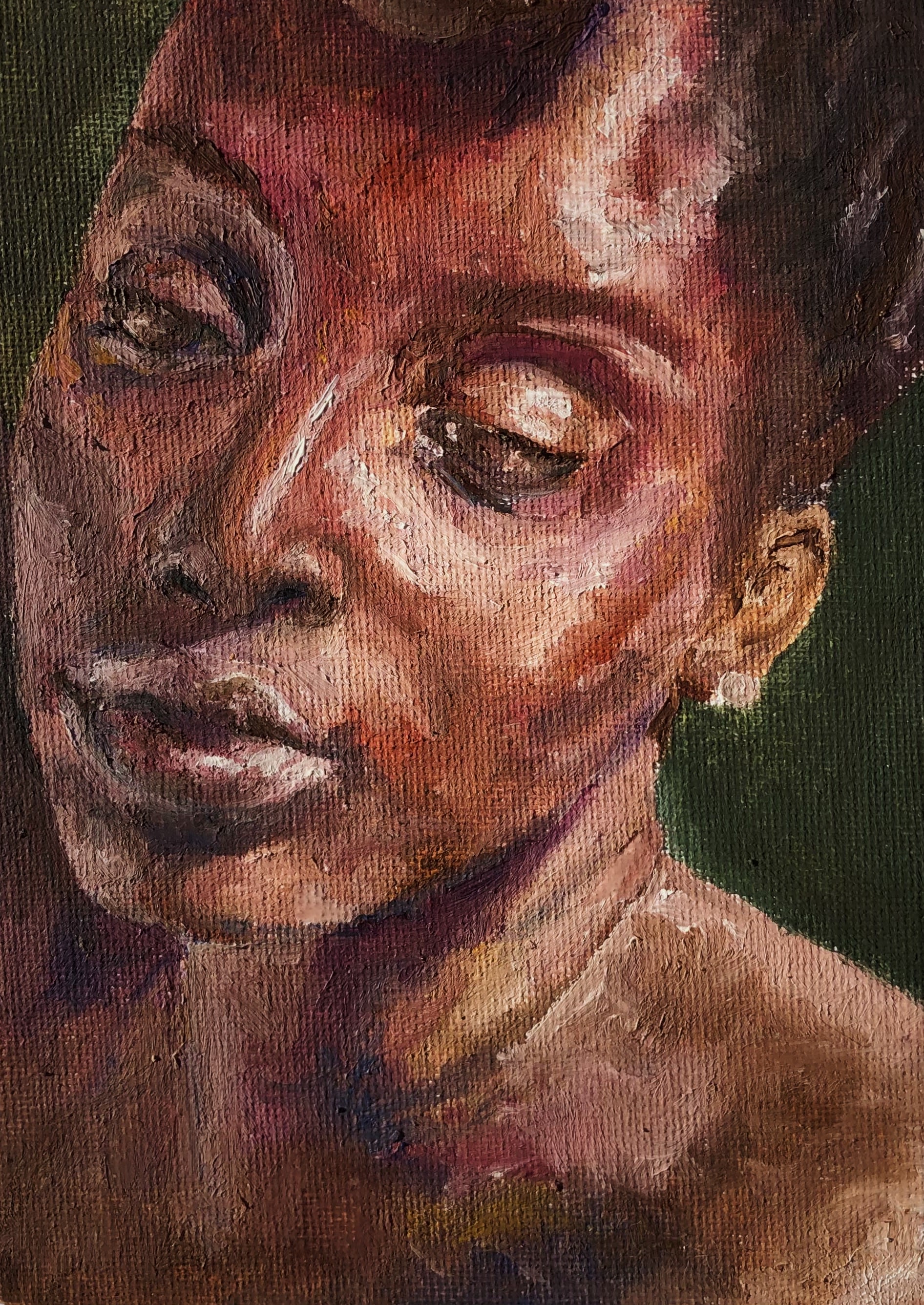 Oil painting of a close-up portrait of a woman's face looking down