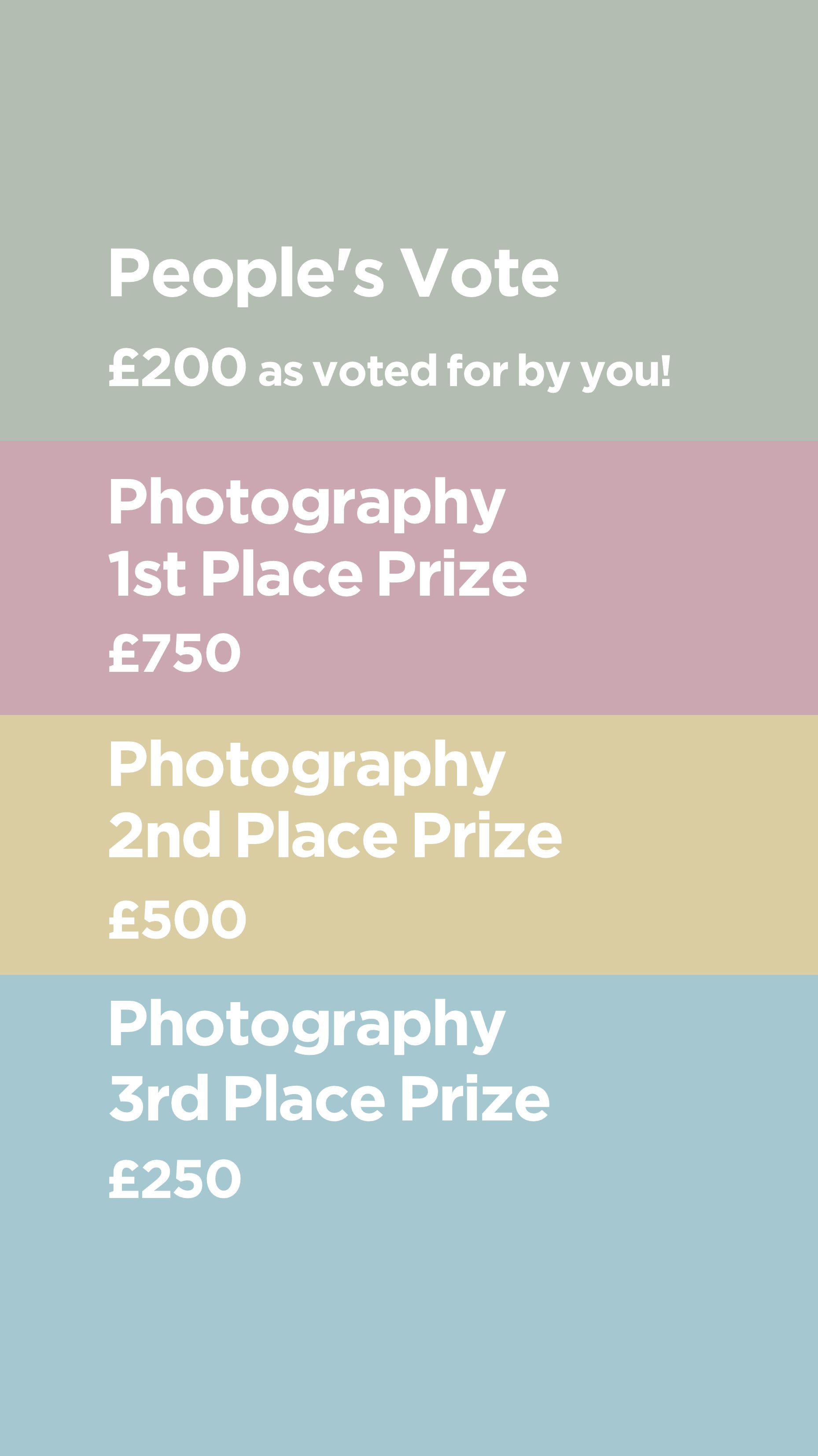 People's Vote £200 as voted for by you! Photography 1st Place Prize £750 Photography 2nd Place Prize £500 Photography 3rd Place Prize £250
