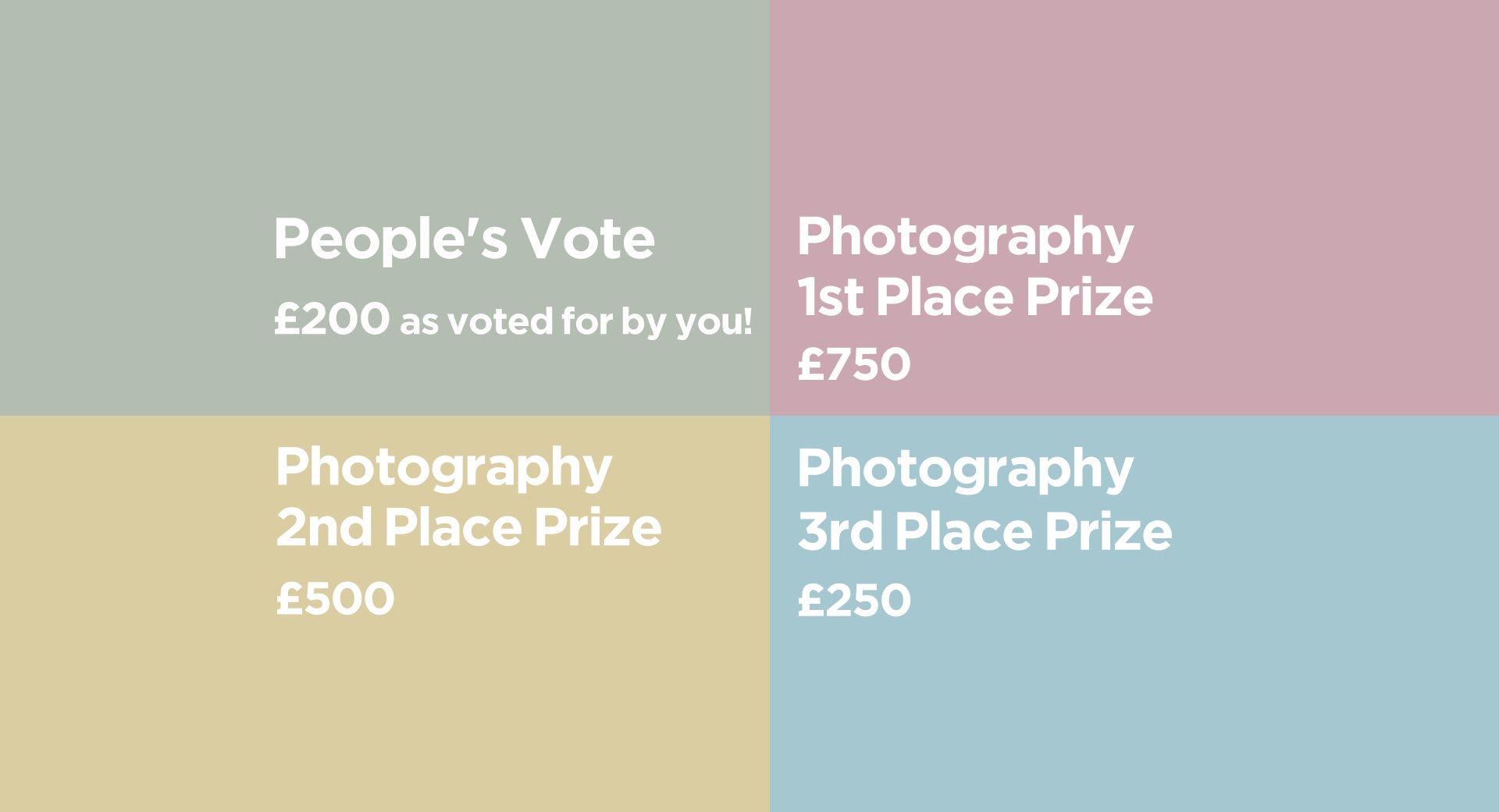 People's Vote £200 as voted for by you! Photography 1st Place Prize £750 Photography 2nd Place Prize £500 Photography 3rd Place Prize £250