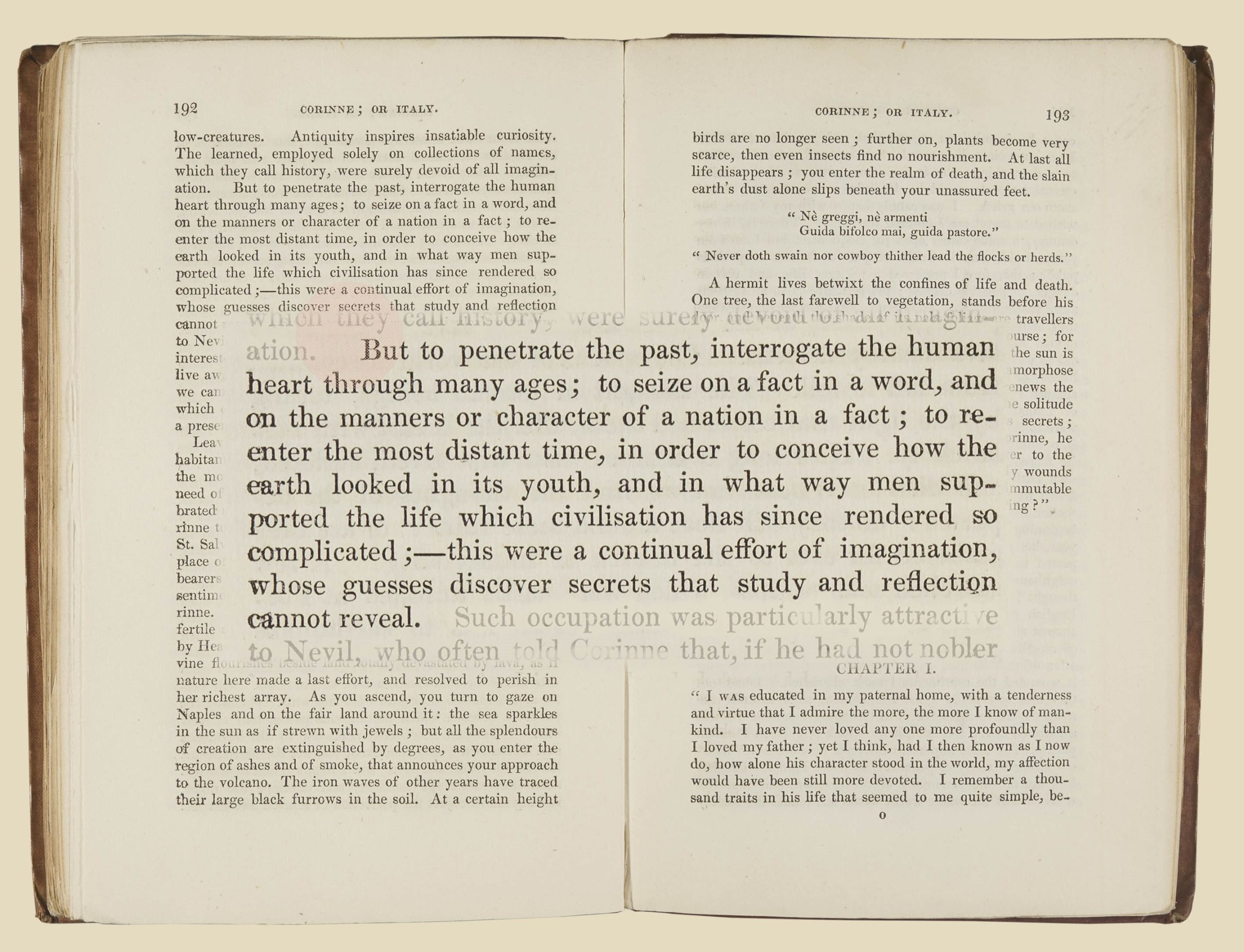 Page from Corinne, or Italy, highlighting a quote celebrating the value of travel for learning about the past.