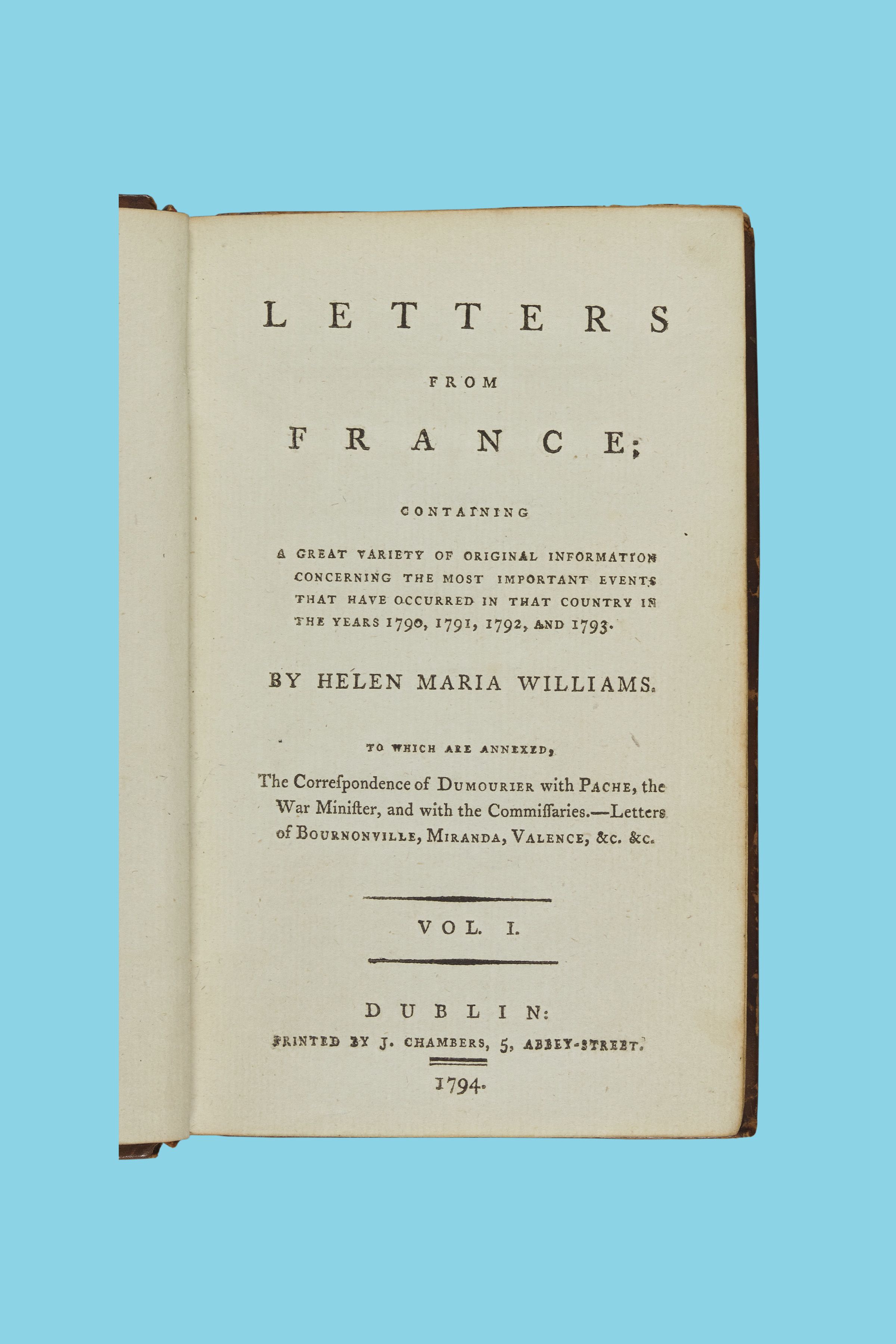 Title page from Helen Maria Williams' book, Letters from France