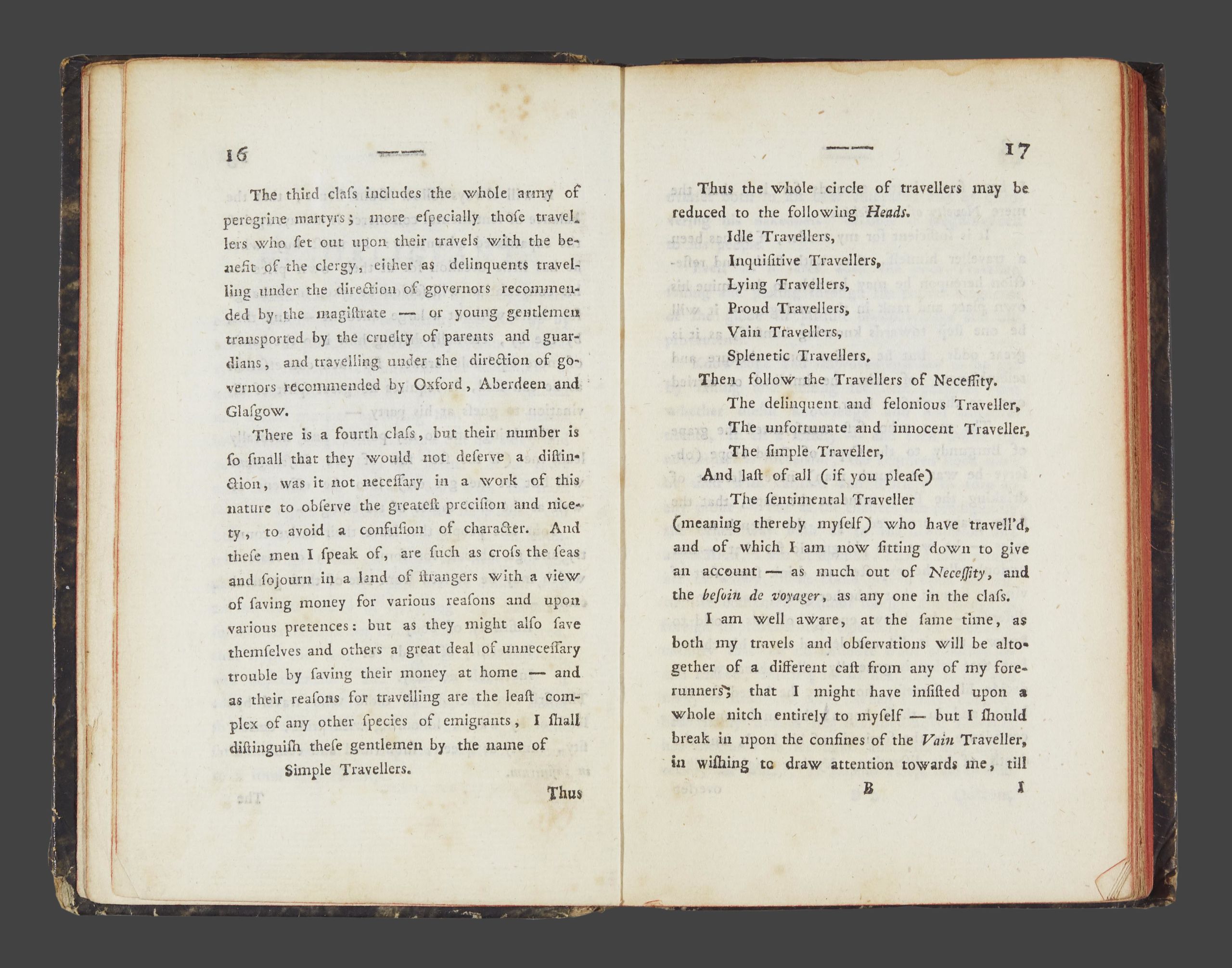 A page from Laurence Sterne's book, A sentimental journey through France and Italy by Mr. Yorick, listing different types of travellers.