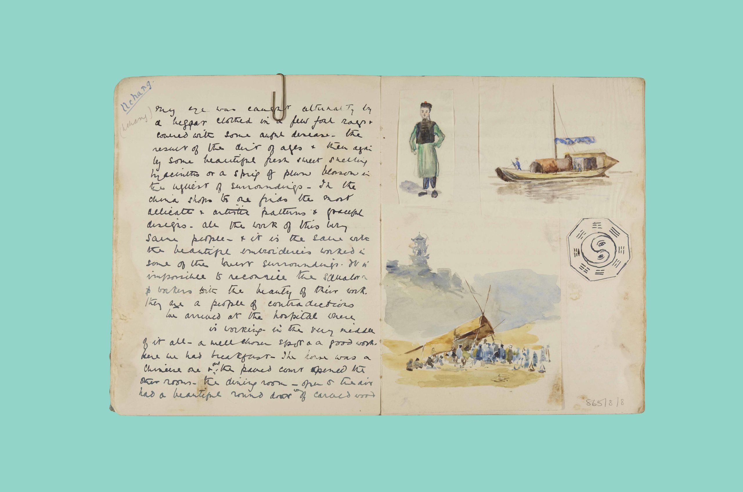Page from Ysabel Birkbeck's diary including handwritten text and watercolour illustrations from Japan, including a boat, a temple and a companion from Birkbeck's travels