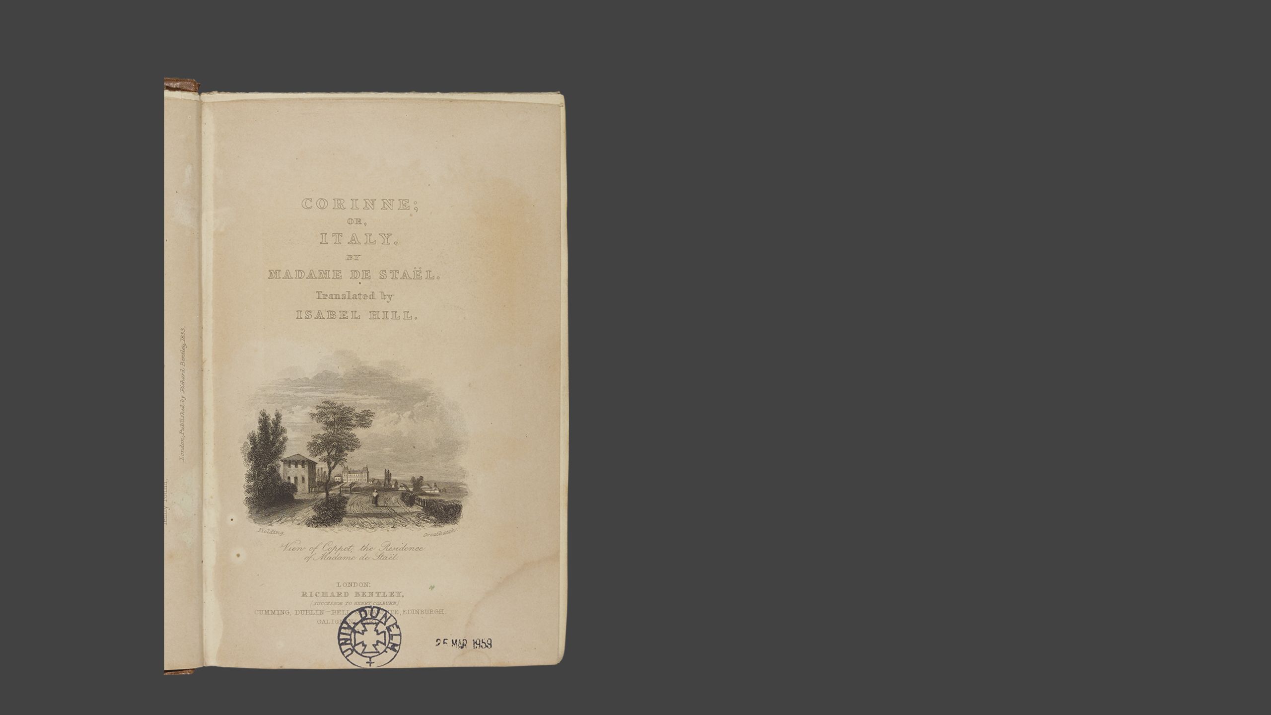 Title page of the book Corinne, or Italy by Madame De Stael, with an illustration of an Italian villa.