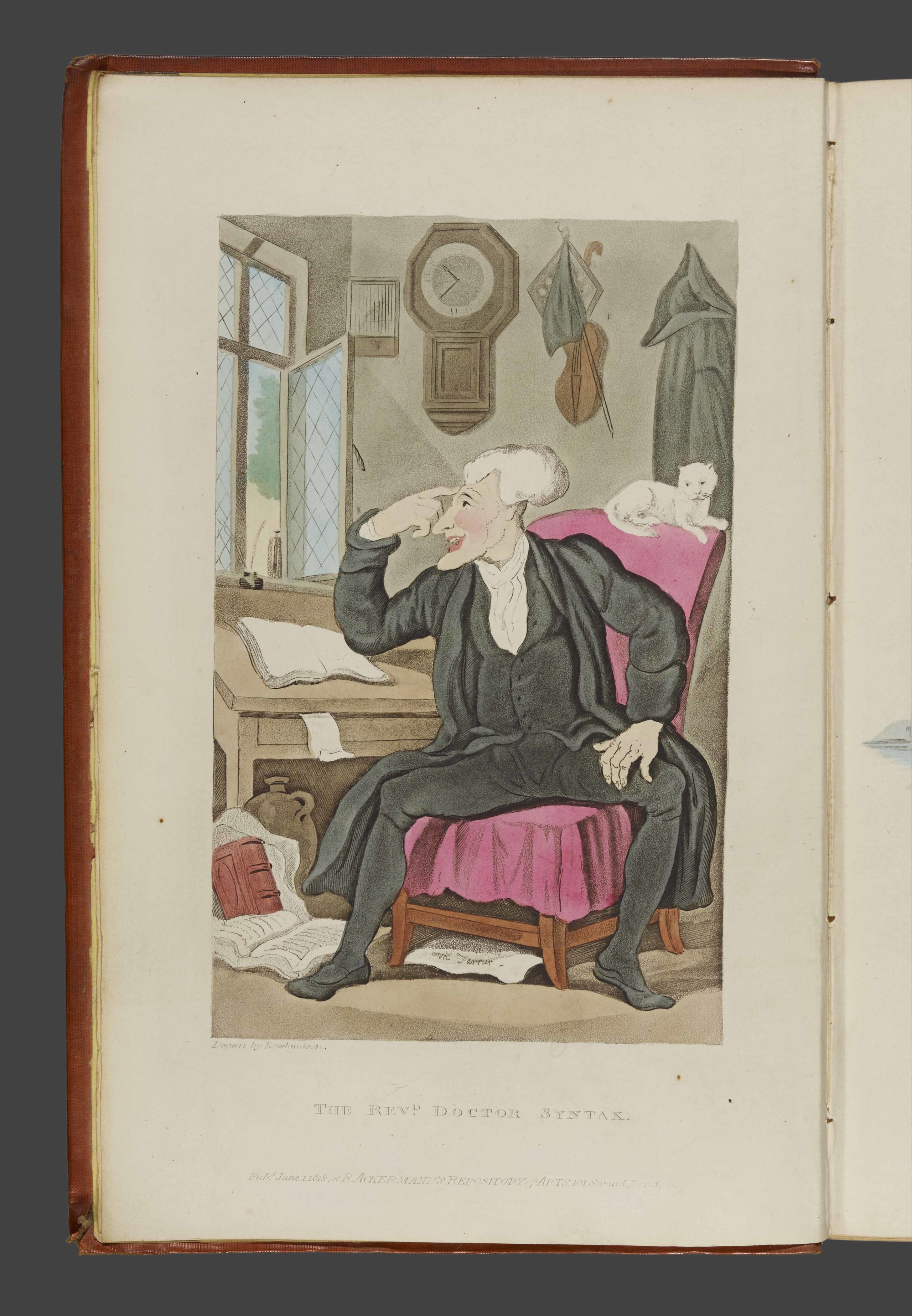 Illustration of Dr. Syntax with his cat in his study, thinking ahead to his next travels.