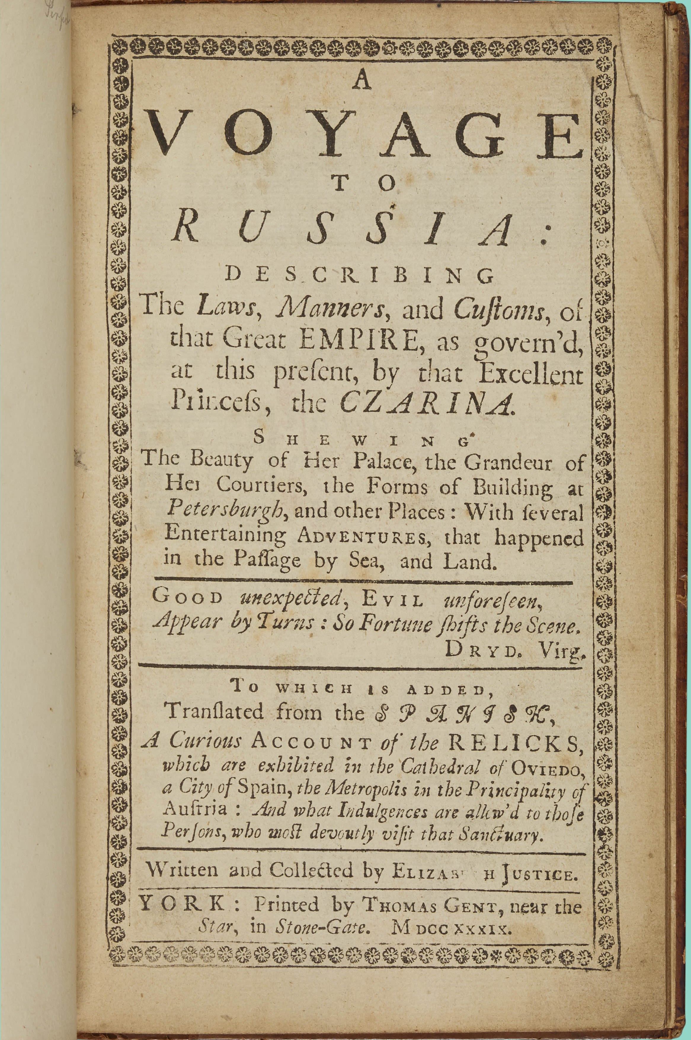 Title page from Elizabeth Justice's Voyage to Russia