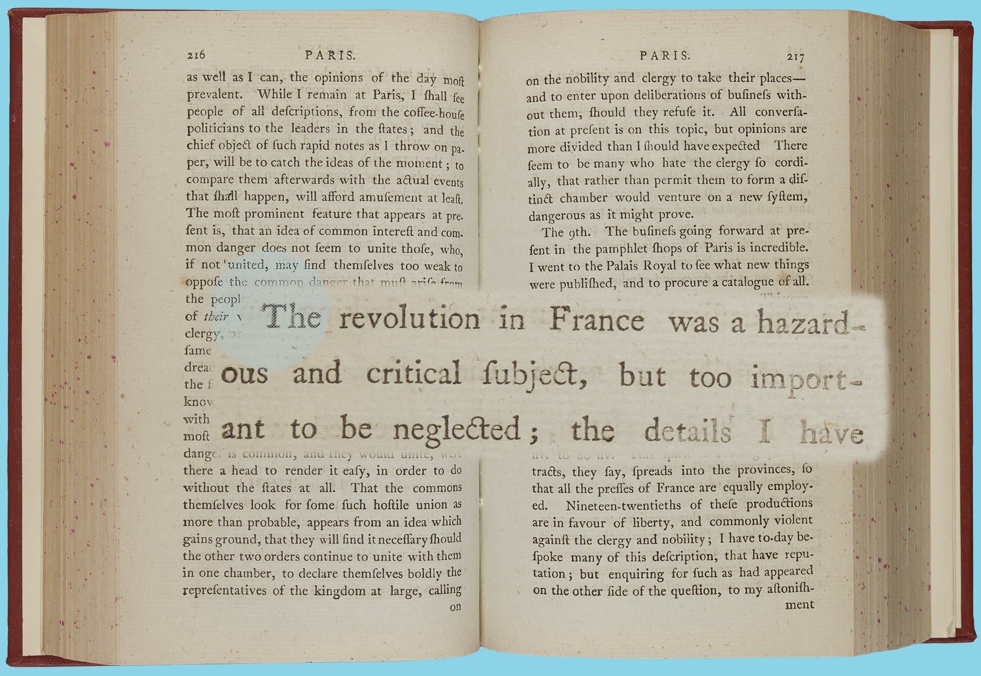 Page from book by Arthur Young with quote mentioning the importance of reporting on the French Revolution