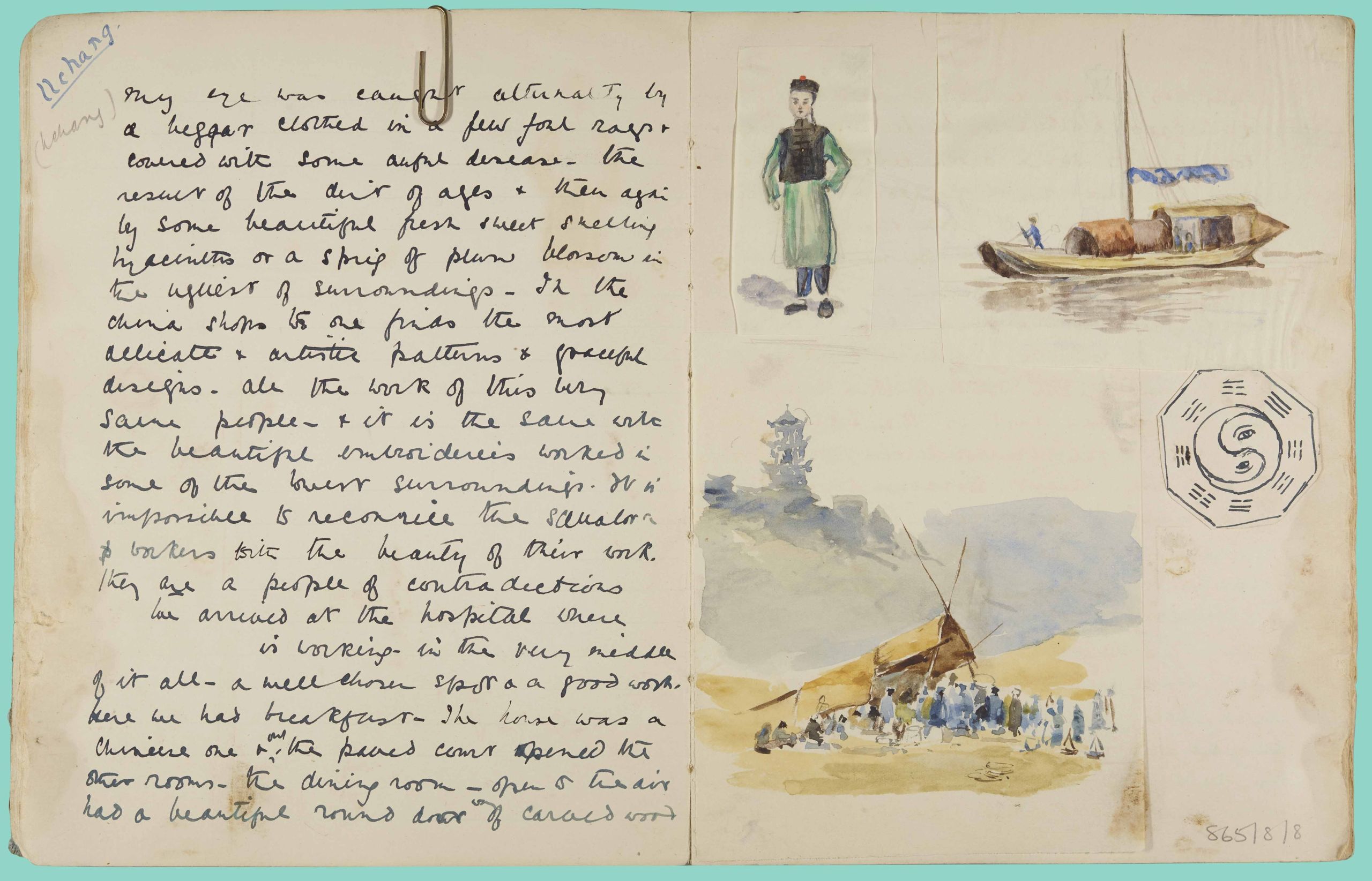 Page from Ysabel Birkbeck's diary, featuring handwritten text and sketches from her time in Japan including images of a boat and a temple
