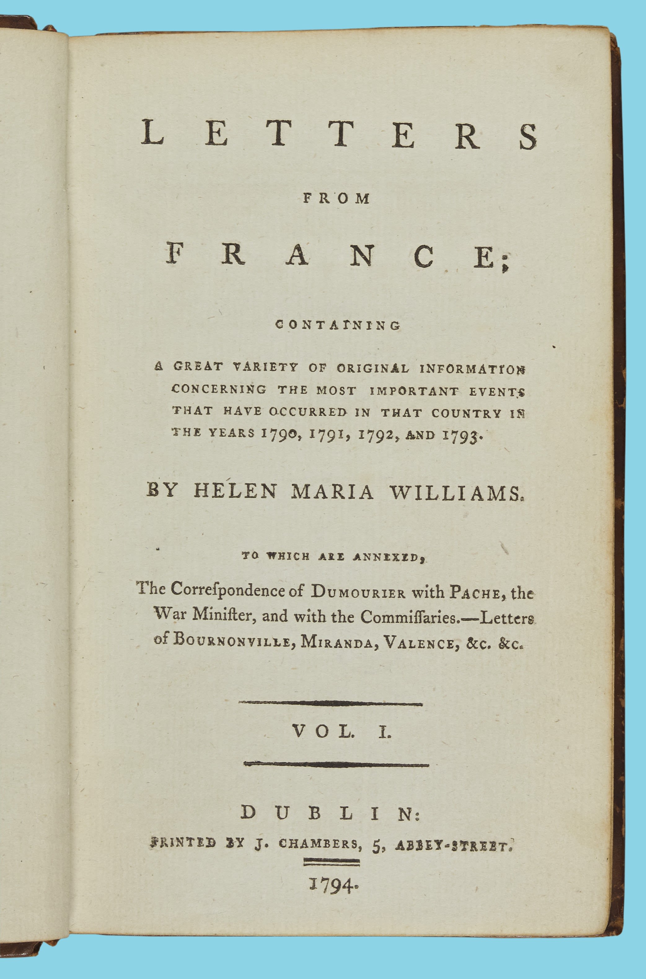 Title page for Helen Maria Williams' Letters from France