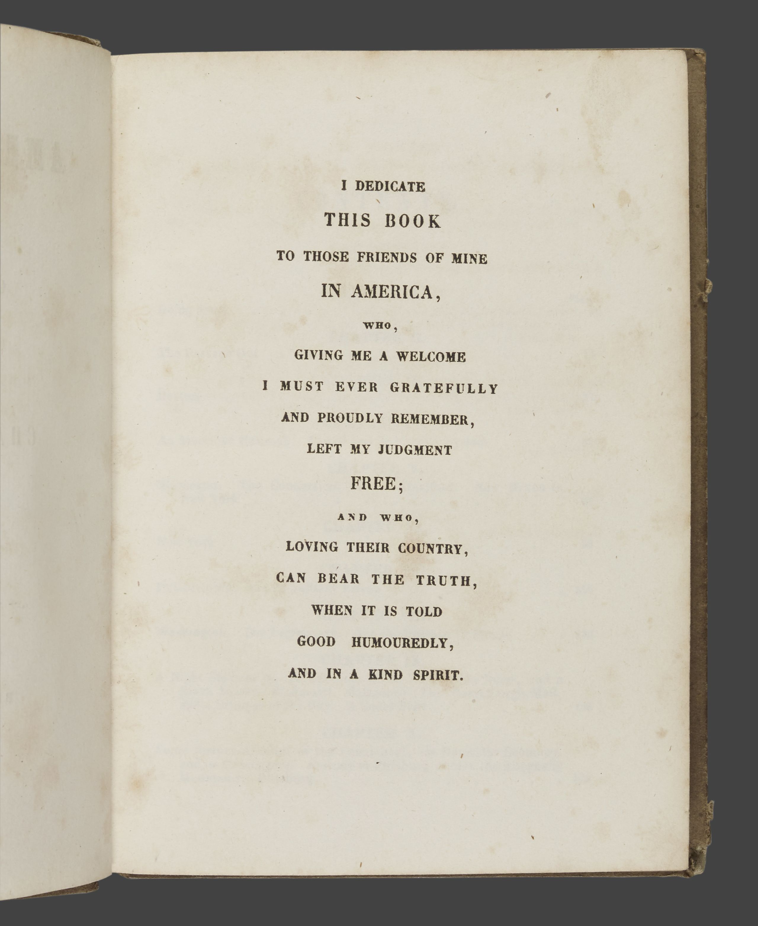 Dedication page of Charles Dickens' American Notes, thanking his friends in America.