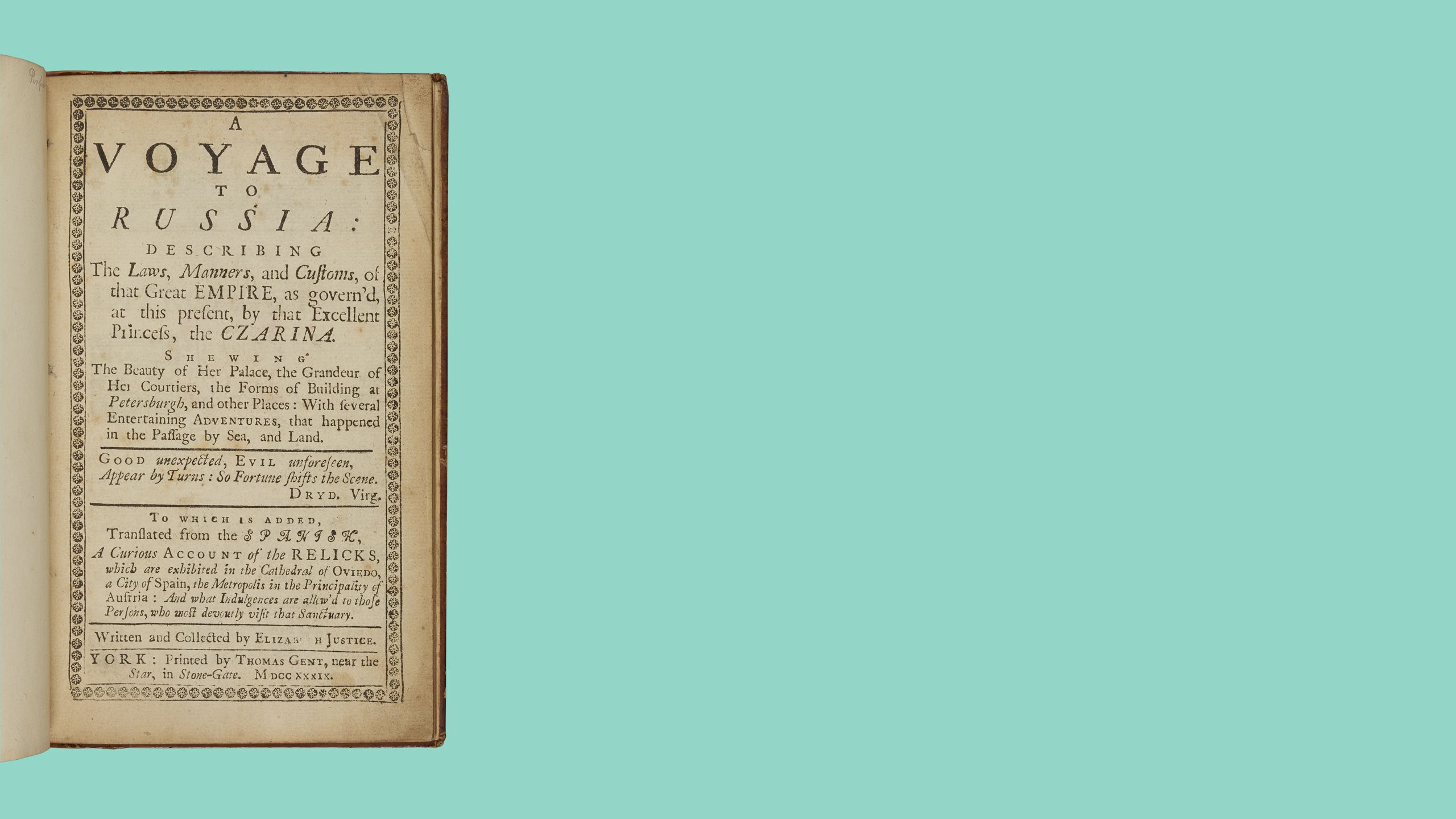 Title page of Elizabeth Justice's Voyage to Russia