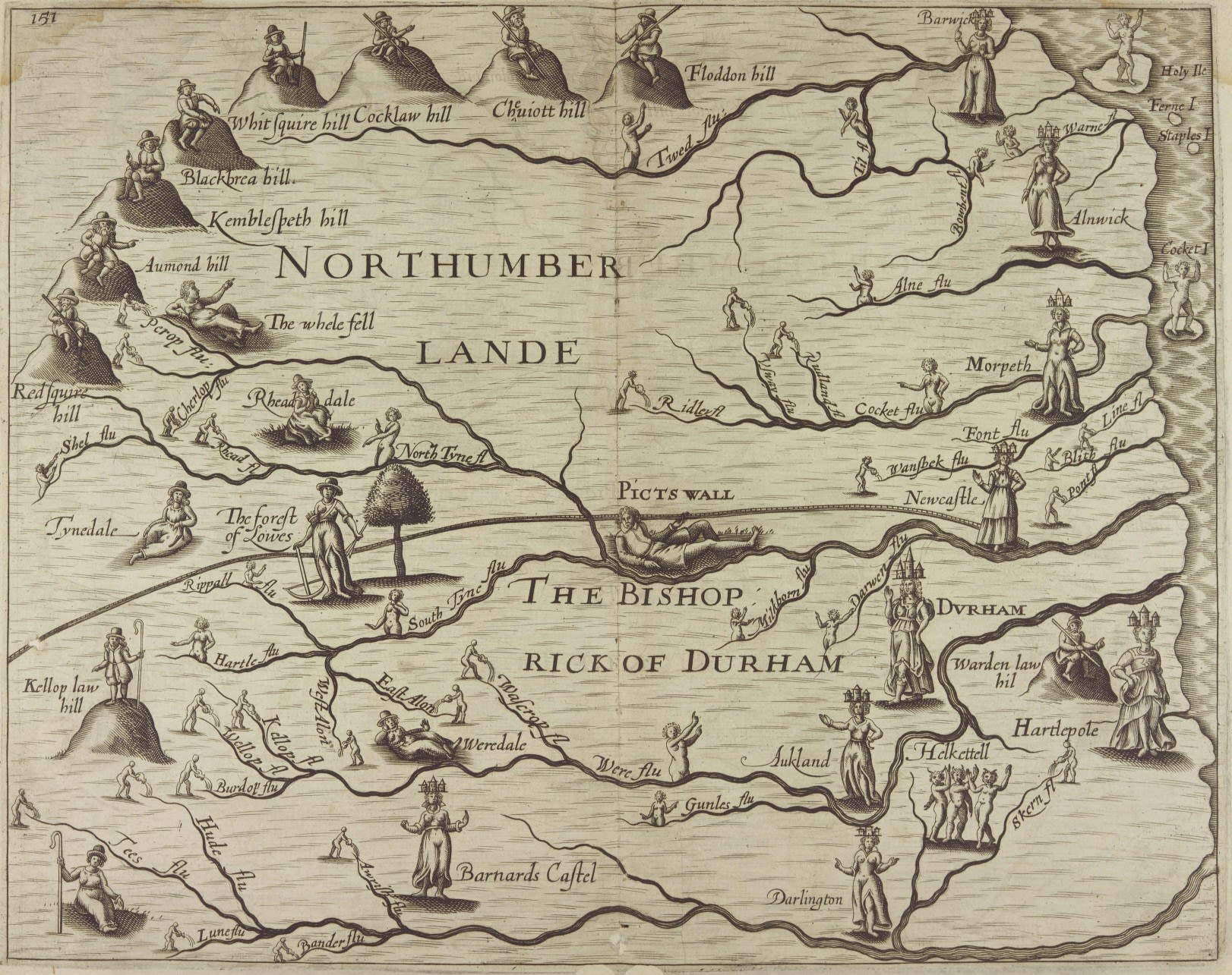 Map of County Durham with images of men, women and mythical characters