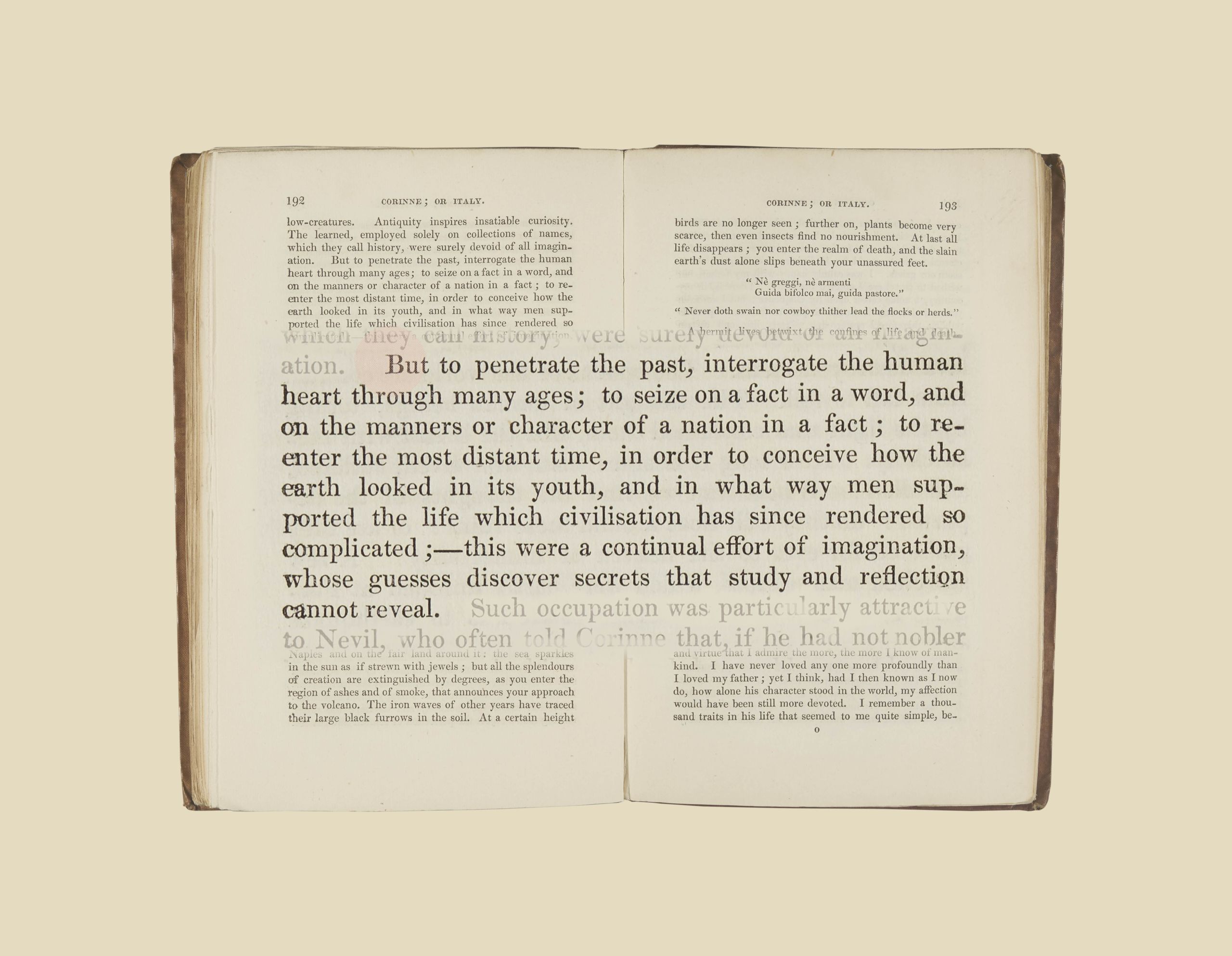 Page from Corinne, or Italy, highlighting a quote celebrating the value of travel for learning about the past.