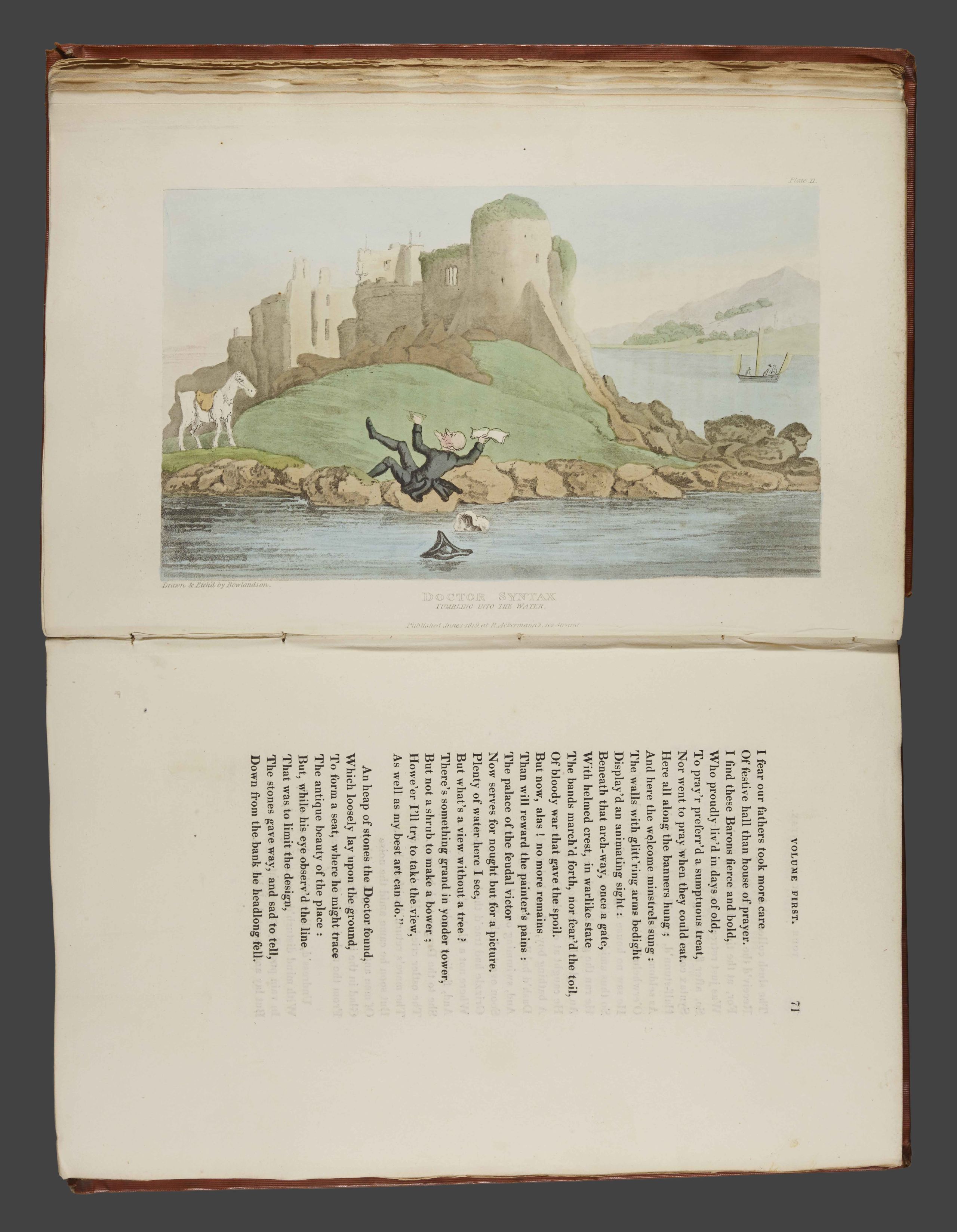 Illustration of Dr. Syntax falling backwards into a lake.