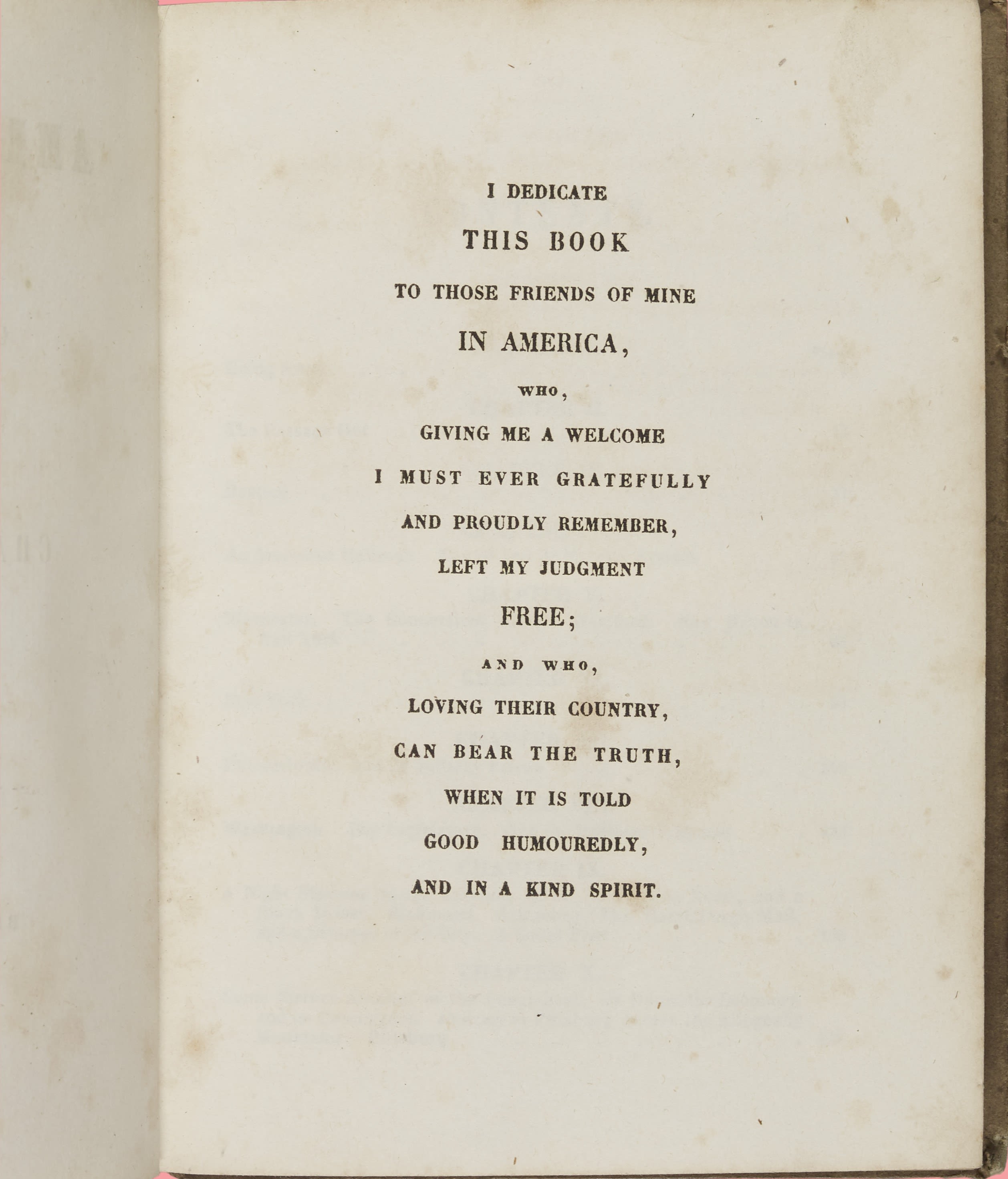 Dedication page from Charles Dickens' American Notes, thanking his friends in America