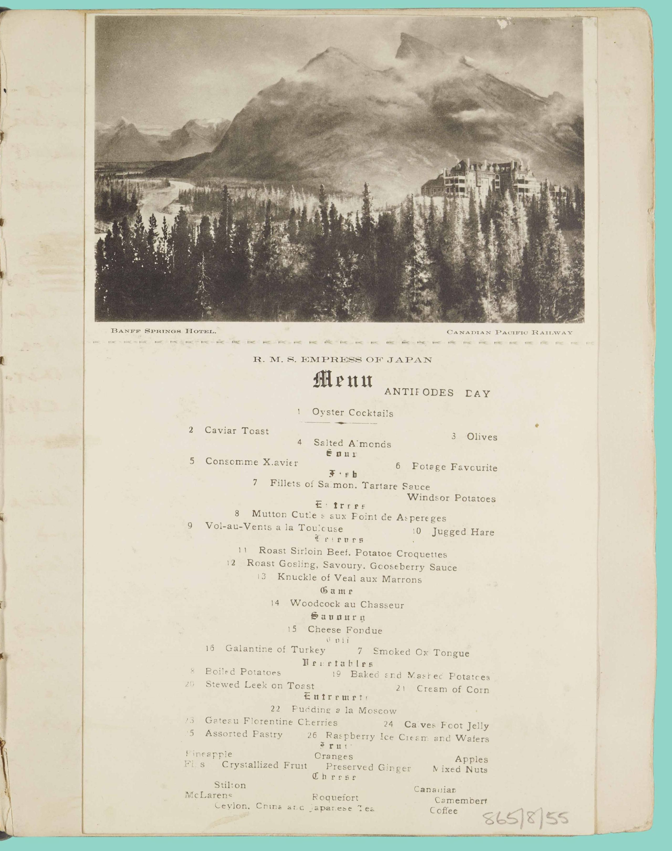 menu from the boat HMS Empress of Japan, with an elaborate number of sweet and savoury courses
