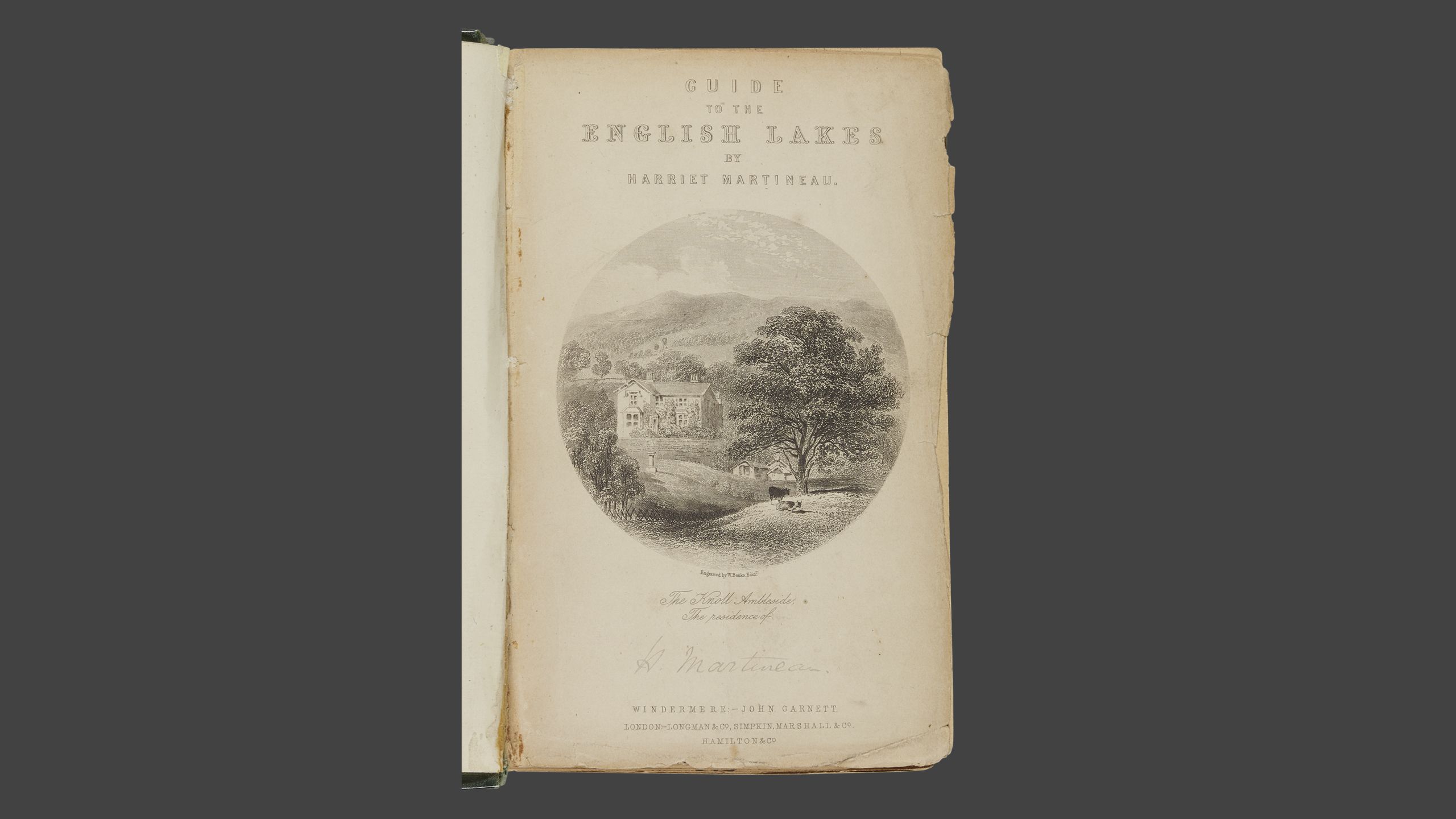 Title page of Harriet Martineau's Guide to the English Lakes, with an illustration of Martineau's home cottage.